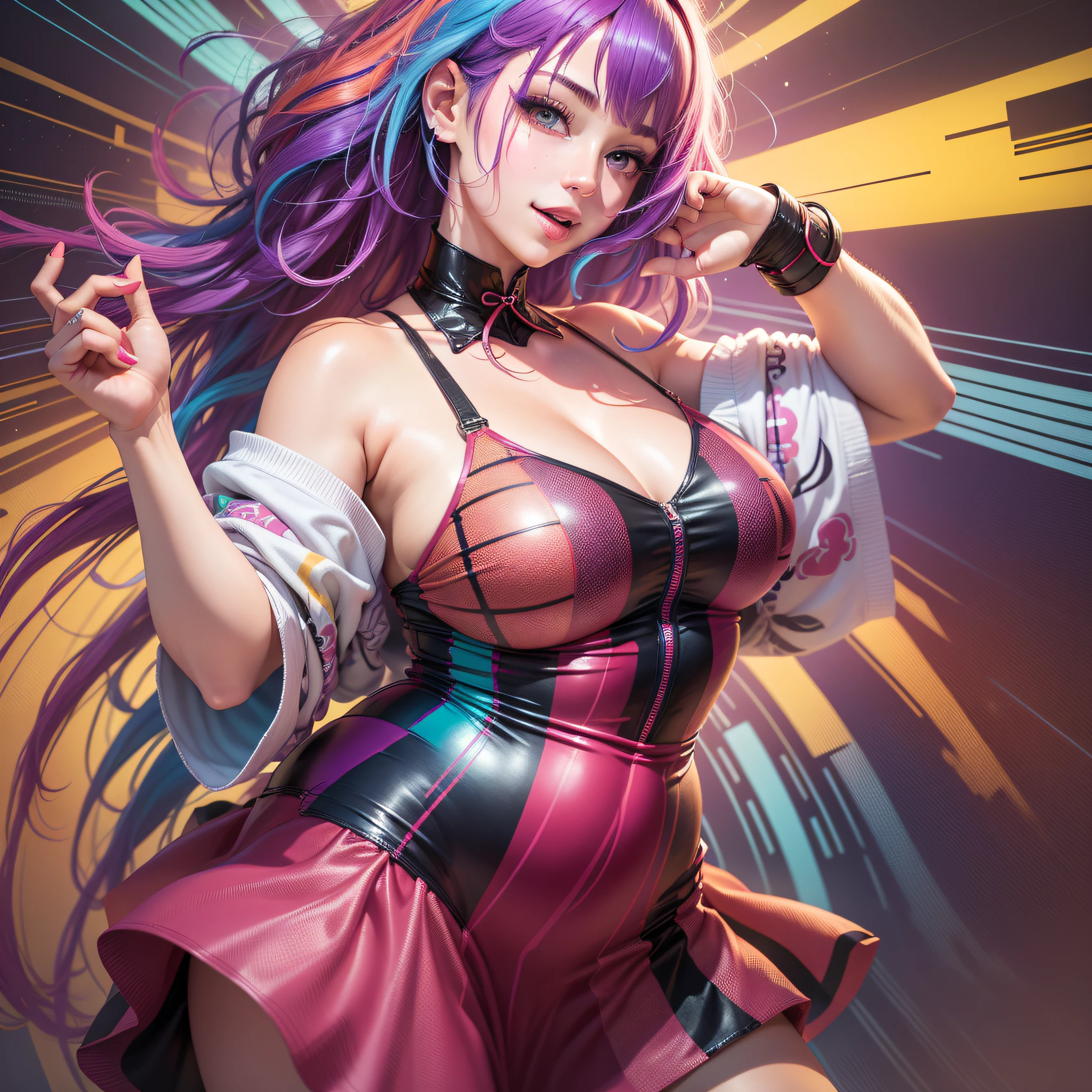 A Cute Girl with white skin, sexy body, size (small), chubby, poptarting rainbow hair, vibrant hair, colored hair, bright short colored hair, colored hair, beautiful colored, extremely colorful, beautiful and colorful, colored hair, ultraviolet and neon colors, rainbow colored hair, colored hair, colored hair, vibrant color!, bright hair, rainbow hair, brightly colored, psychedelic hair, bunny ear, Happy, BBWCHAN, ( Dress Fashion ), Round Face, Anime Style, White Background, Anime Style, Realistic Lighting, Radiosity, Wide Shot.