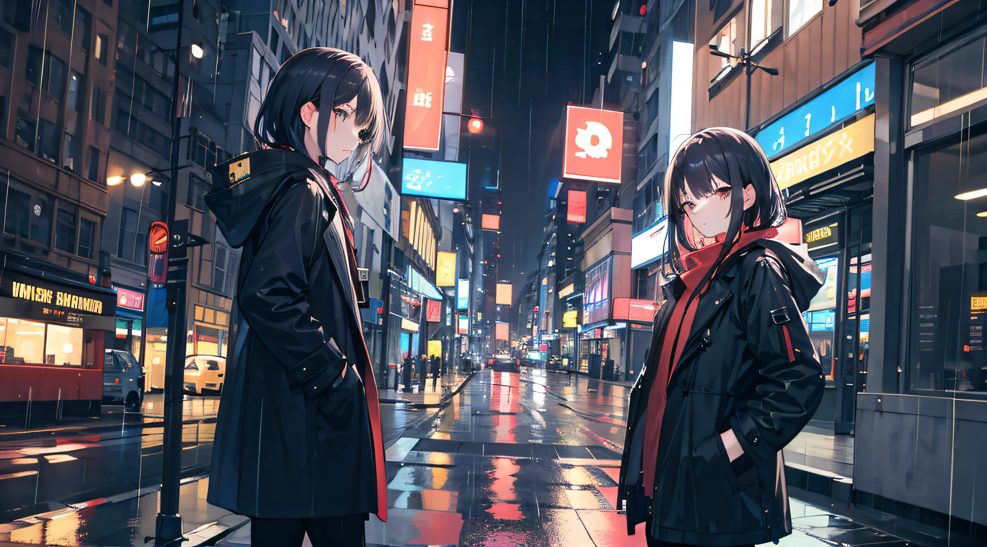 1girl, Night City, rain, coat, hands in pockets
