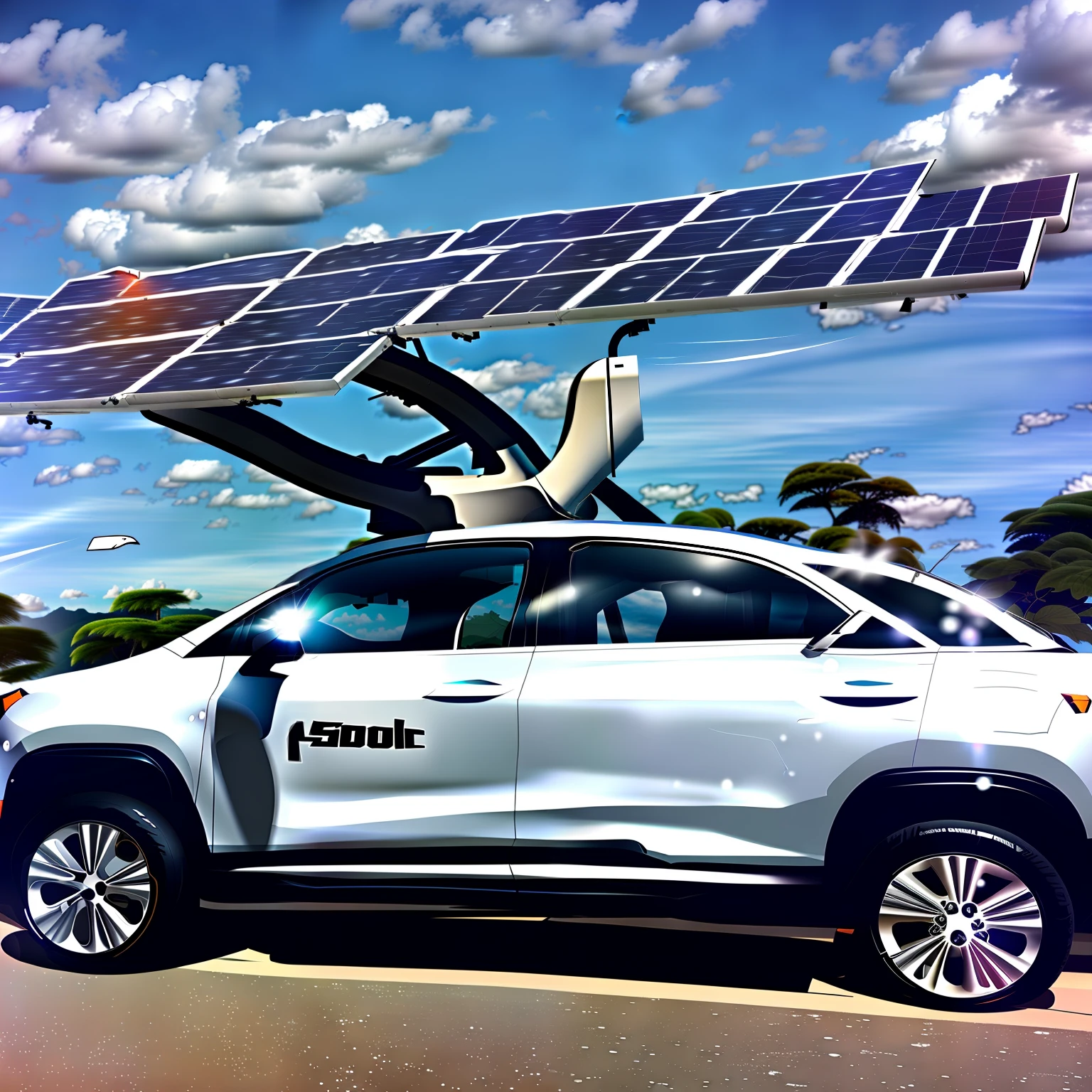 A solar-powered car with solar panels embedded in its exterior, which glow brightly in the sunlight. --auto