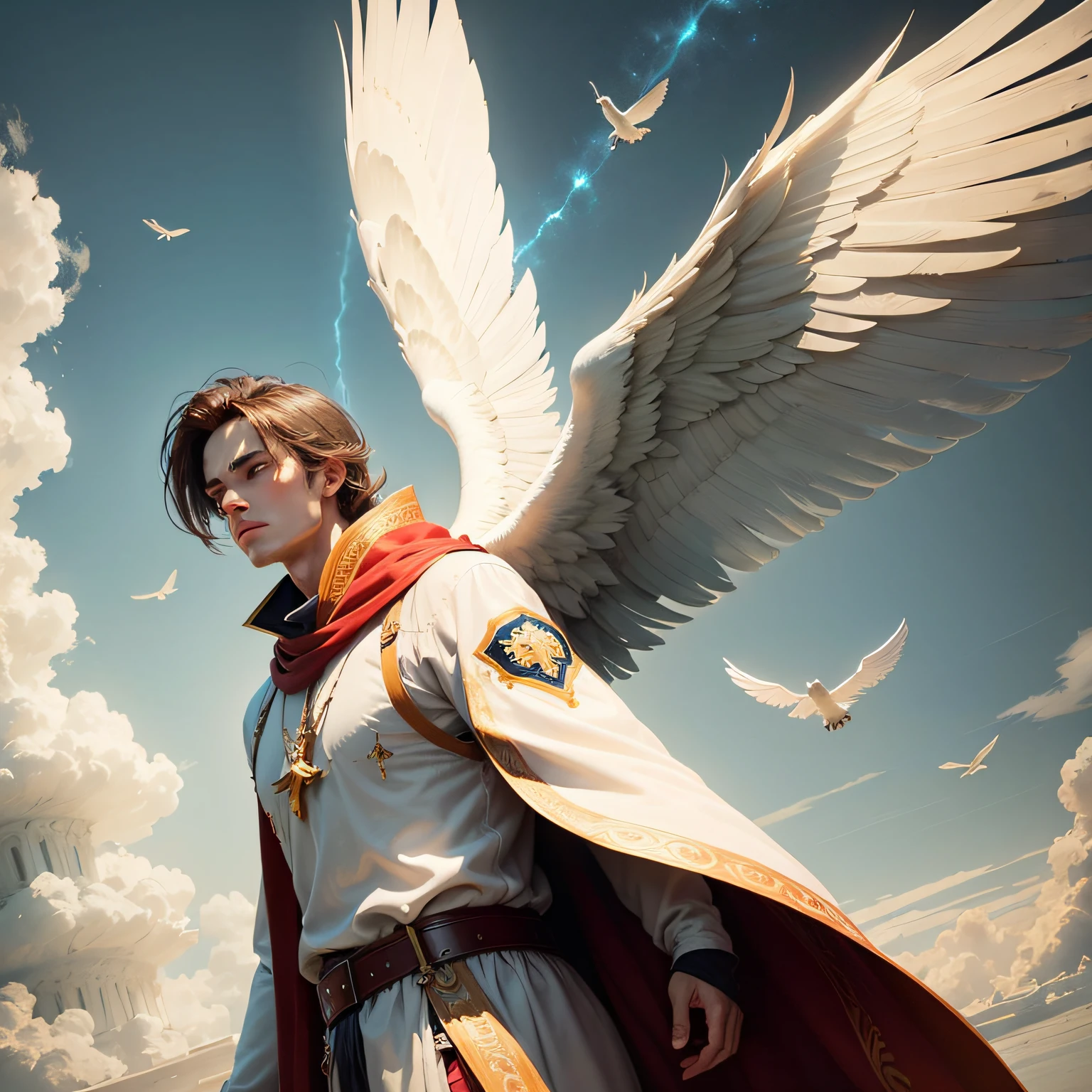 Handsome man, brown hair, white robe, large white wings, flying in the sky, archangel, divine light< loose clothes, serene face, fix the eye