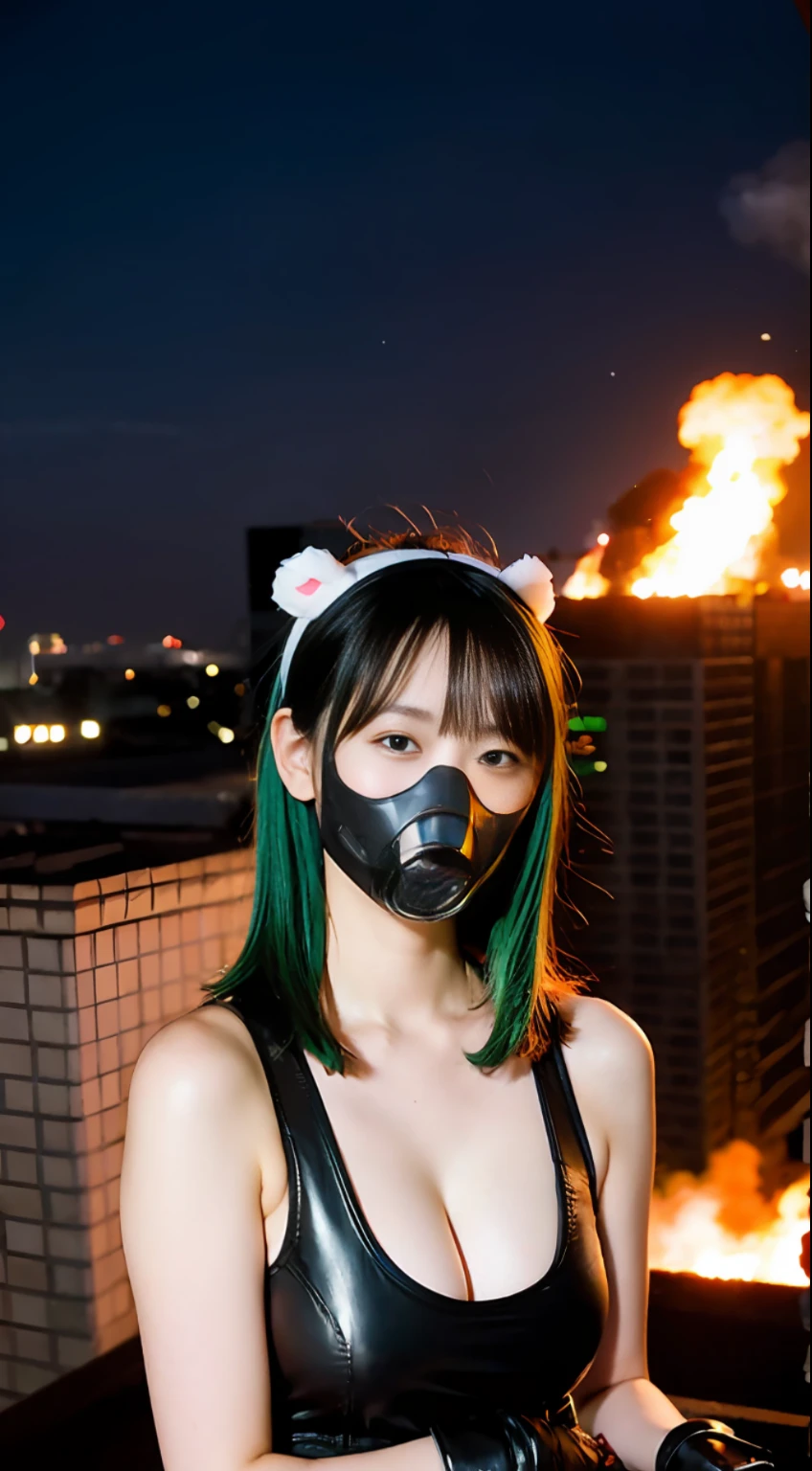 terrorist group, fluorescent headgear, short hair, green hair, setting fire from flamethrower, middle school student in underwear, , gas mask, high socks, rooftop at night, huge background is burning neon sign, leather gloves, background city