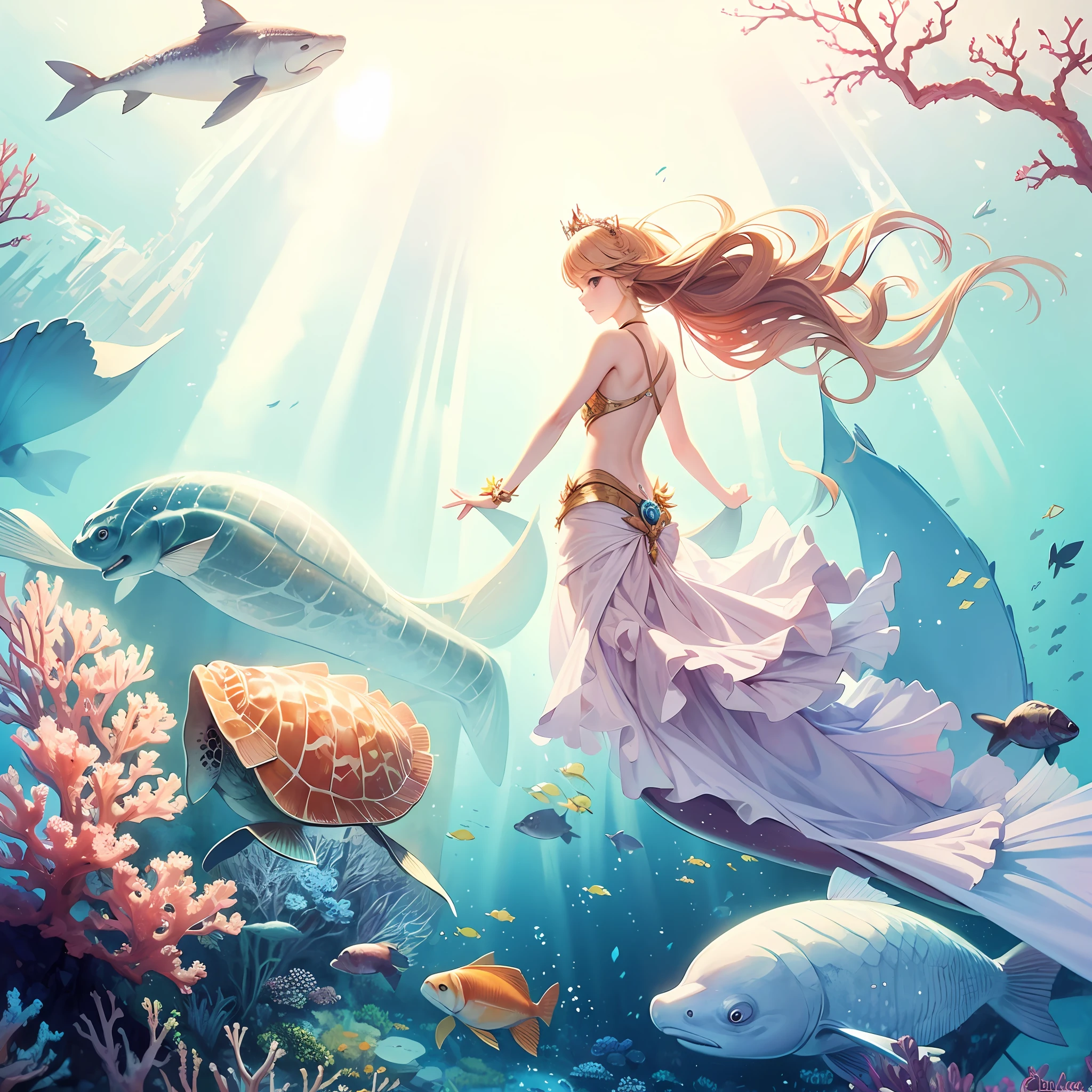 Fine brush, rough, detailed watercolor, soft and fantastic, pastel, fluffy, Caesanne,panoramic view:1.5, A mermaid princess swims with fish, turtles and whales in the deep sea. Sunlight shines brightly on the coral and aquatic plants on the sea floor.Christian Riese Lassen