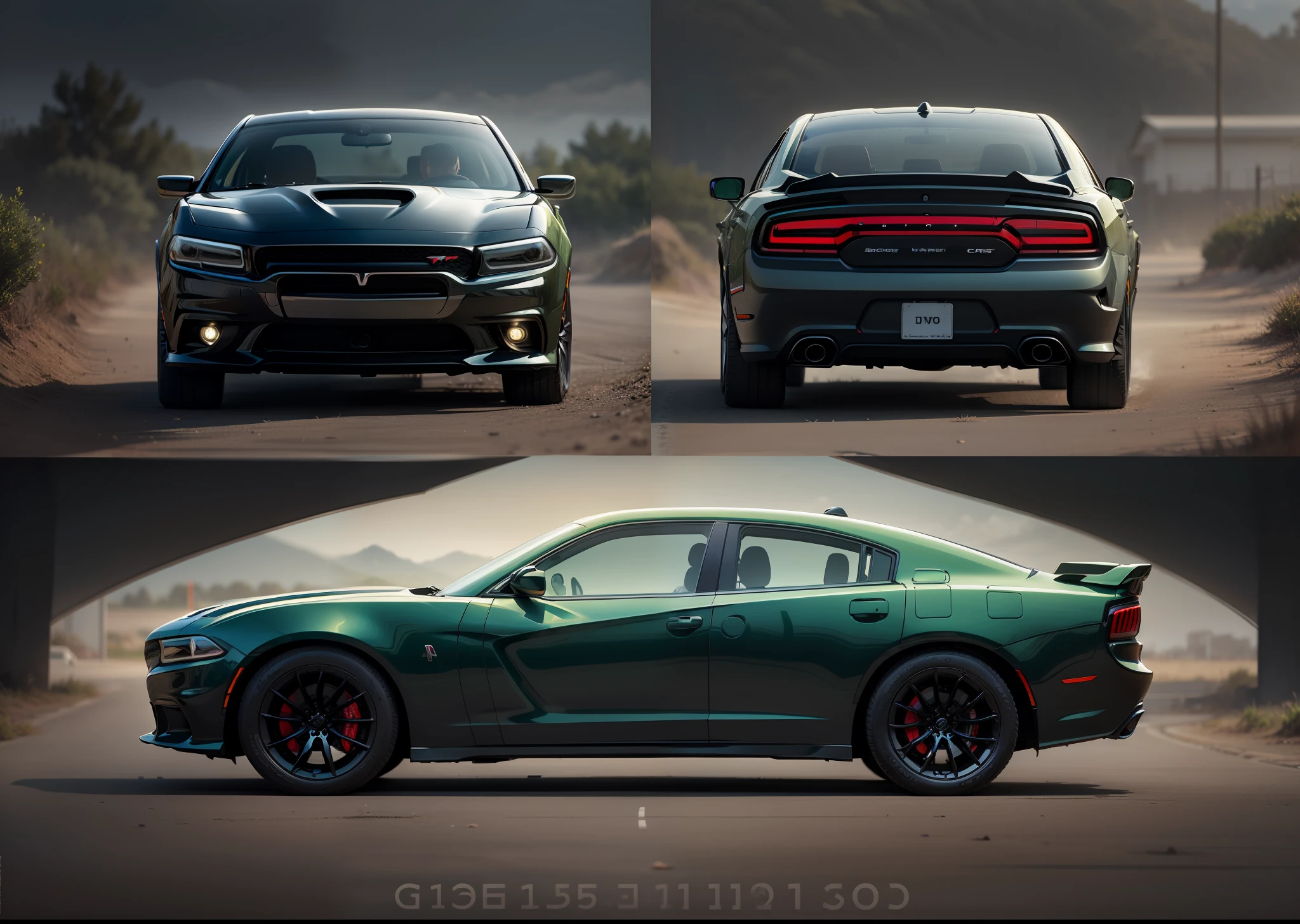 Carro Dodge Charger verde, car design, threeview (Front, back, side)