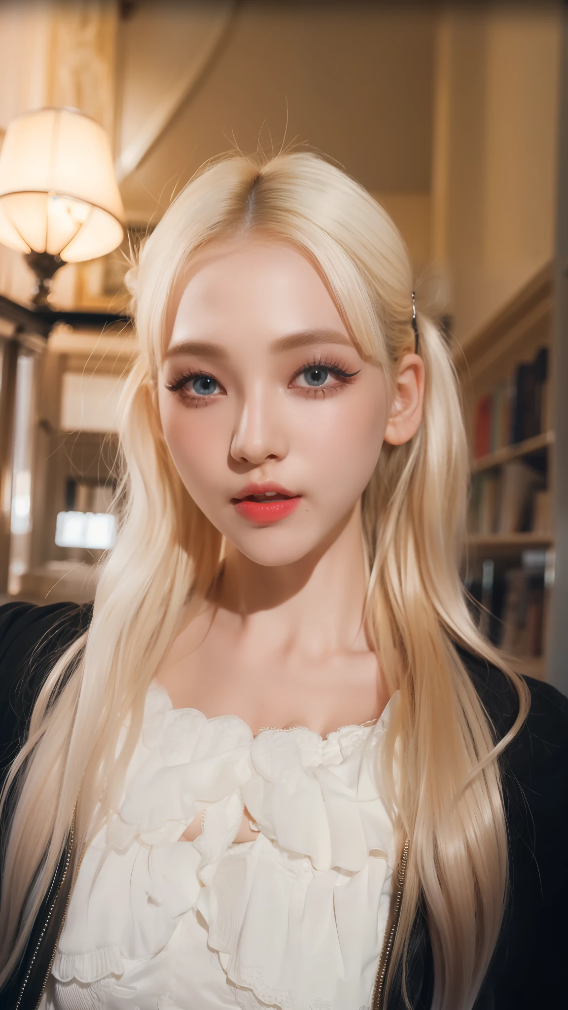 (8k, 4k, best quality, highres, ultra high res:1.1), (masterpiece, realistic, photo-realistic:1.1), 1girl,  face, close-up, twintails, blonde hair, black eyes, red lips,  (looking at viewer:1.5), absurdly long hair, long eyelashes, eyeshadow,  small face, big eyes,
bare shoulders,
high contrast,