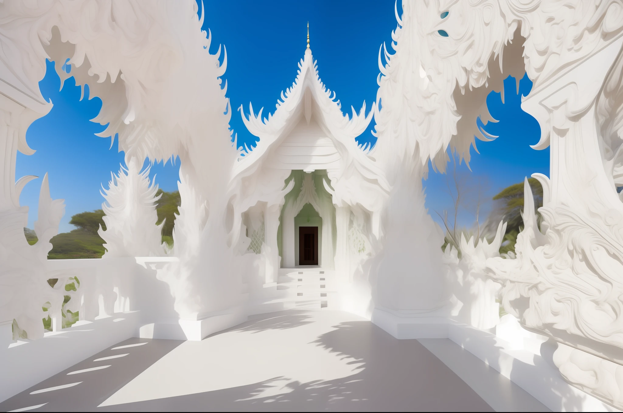 A beautiful temple within a forest, green temple, green temple, masterpiece, detailed, big trees, green temple, green building, green brick