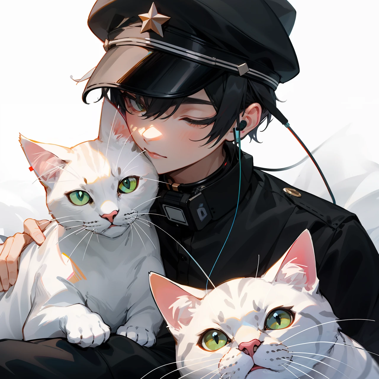 A white cat with earphone and black cap