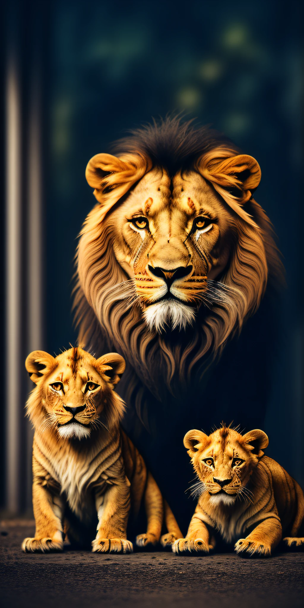 portrait of modern Jesus, Lion family with cubs, cinematic lighting, depth of field, bokeh, realism, photorealistic, hyperrealism, professional photography, uhd, dslr, hdr