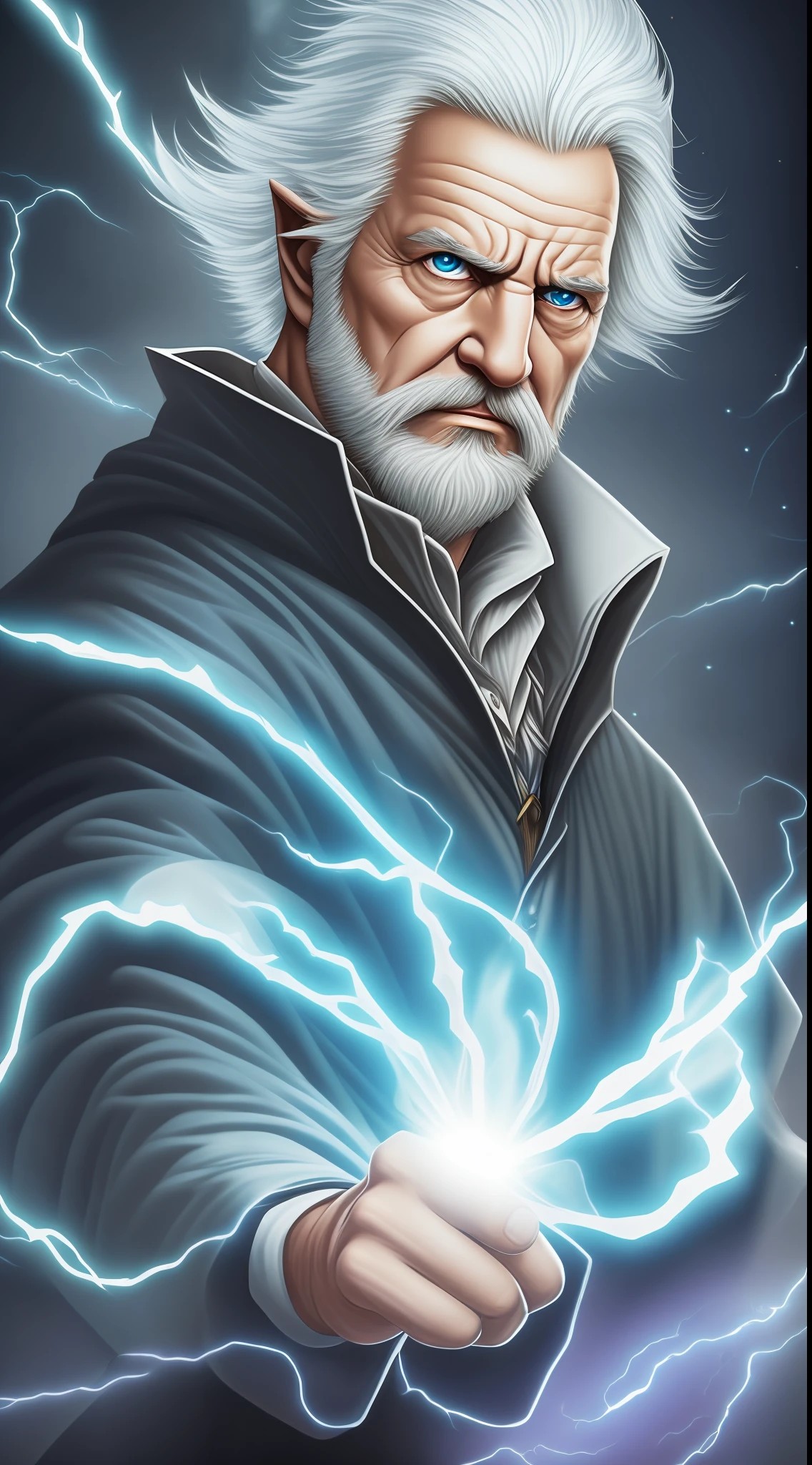"White-haired, white-eyed, powerful ray-wearing wizard."