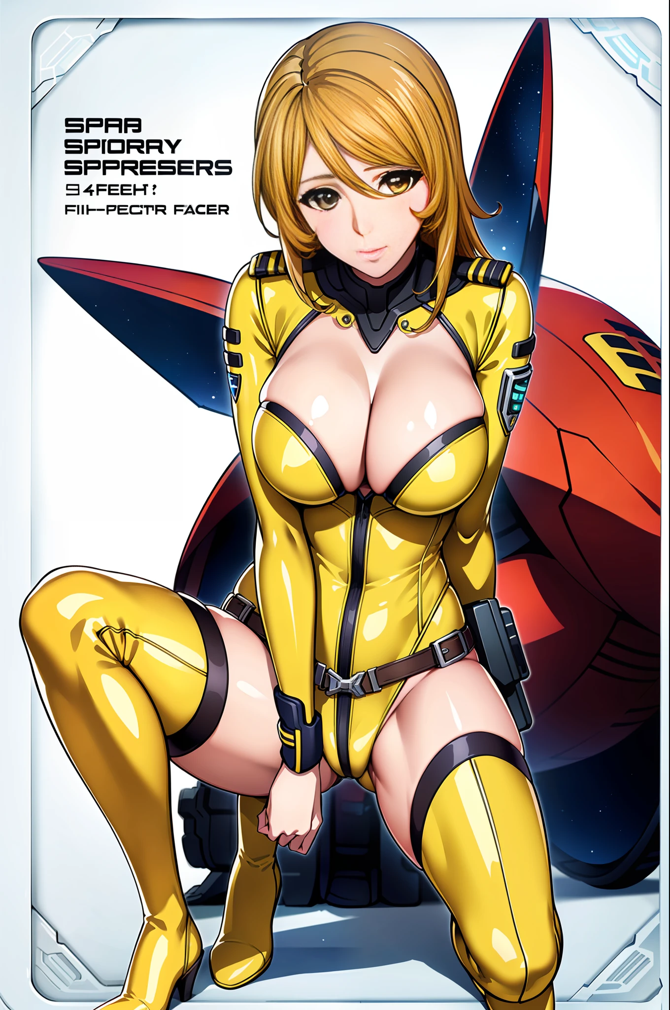 8K, 1girl, spaceship, bodysuit, cleavage, night, galaxy, space, huge breasts, ((arms behind the head)), watch the viewer, , solo focus, (masterpiece: 1.4), (best quality: 1.4), (shiny skin), steamed body, (((M-shaped open legs)), (high leg)), (bare feet)))), (yellow knee-length enamel pin heel boots))), (squatting on the ground)), ( (((crotch wide open left and right))), (((face the front of the body to the viewer)))), ((crotch wide open left and right for the viewer))),