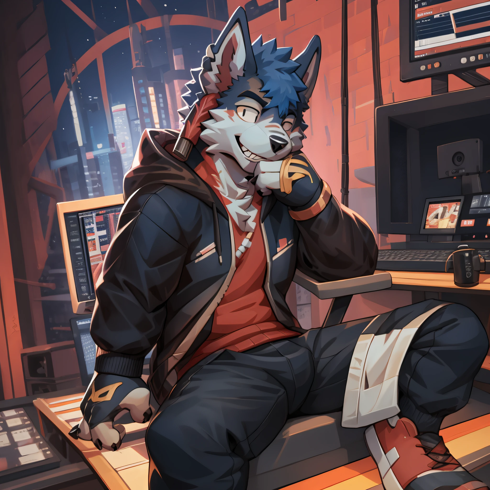 Panorama, Character Focus Solo, Furry, Furry Wolf, Male Fur, Young Style, One Meter Seven, Handsome, Has a Tail, Race Wolf, Contrast, Design Sense, Music Producer, Recording Studio, Speaker, Seated, Sweatshirt, Cool, Navy Blue Hair