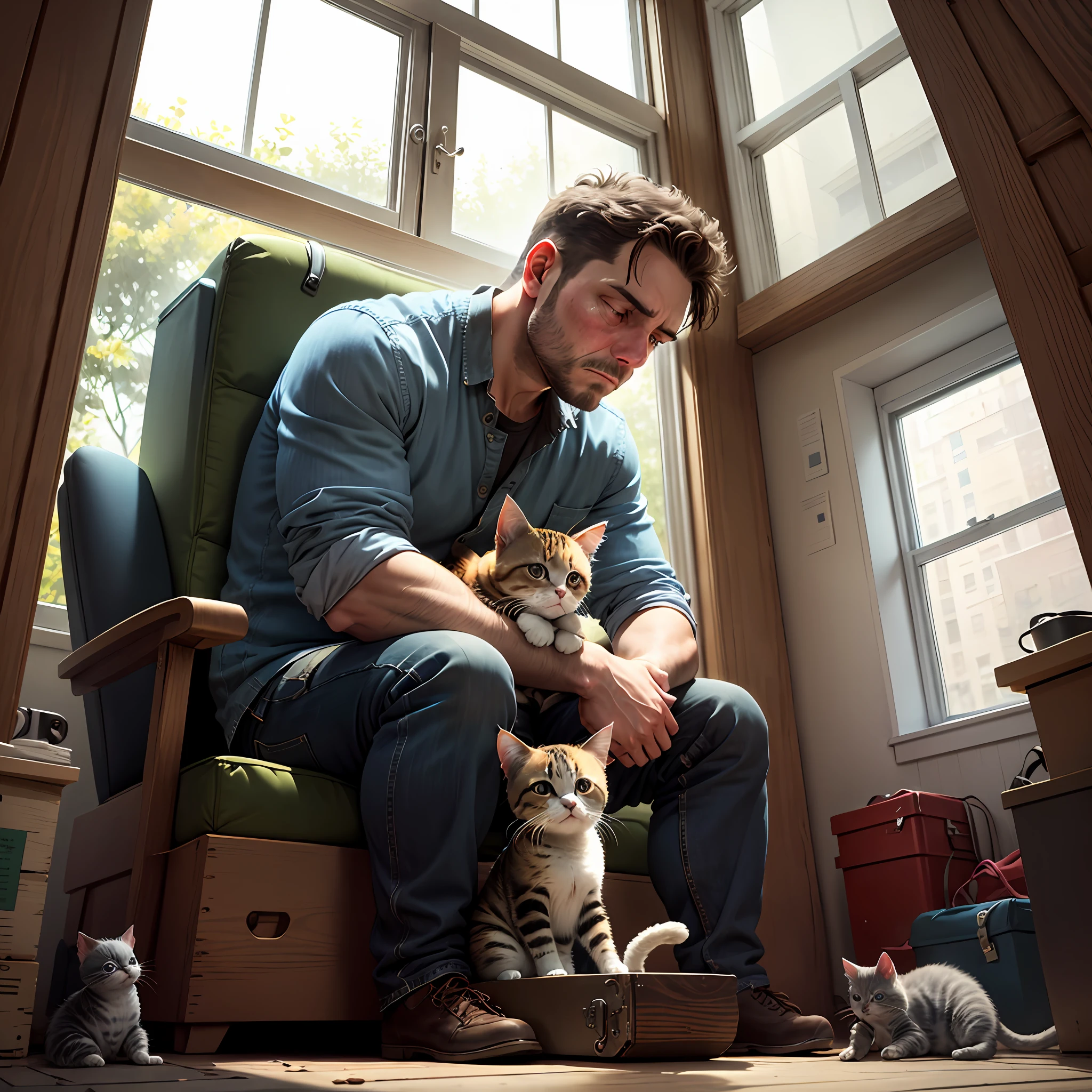 A realistic man sitting alone with a very sad face. On its side there is an open window where there is a pet kitten
