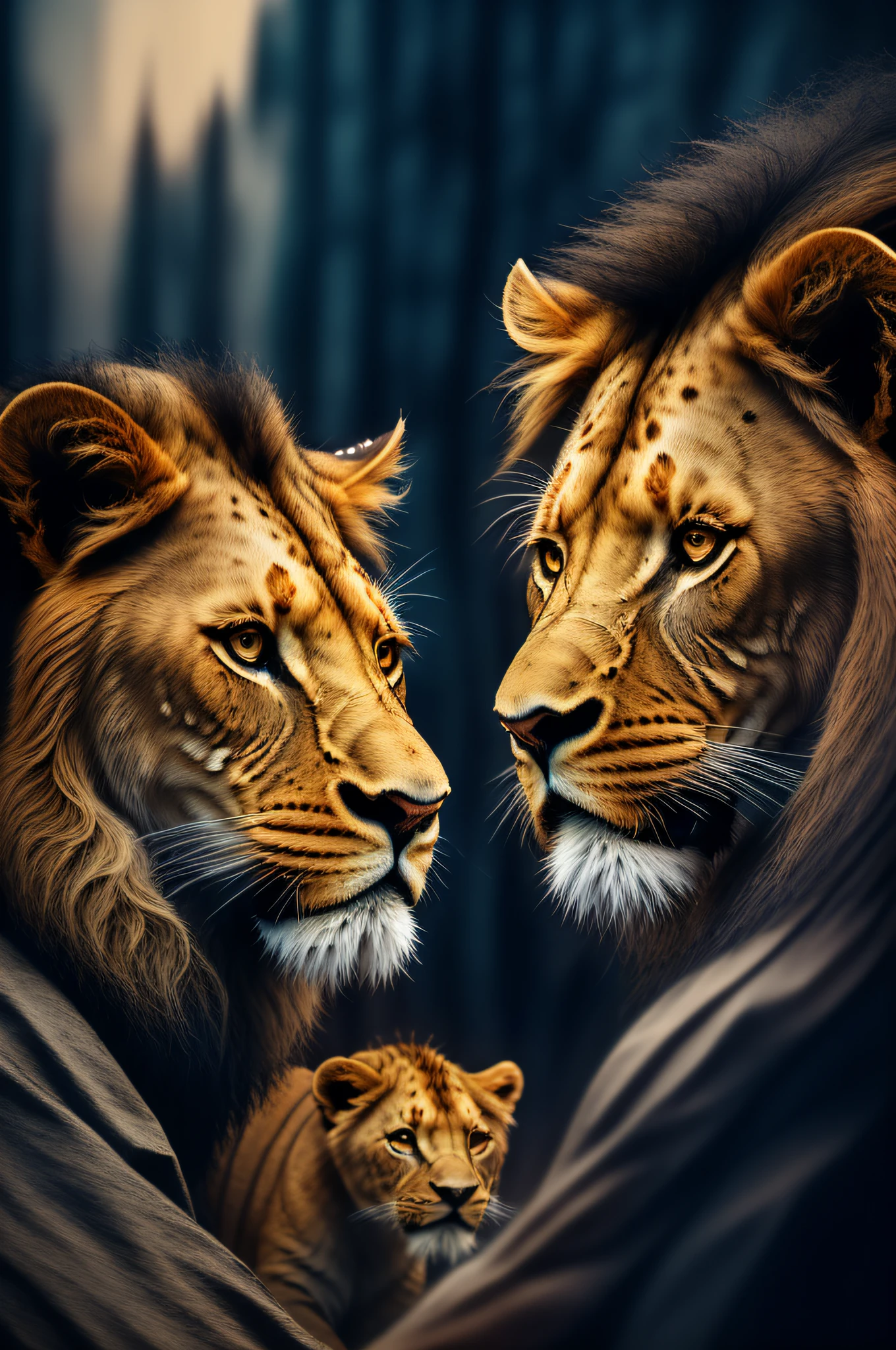 portrait of modern Jesus, Lion family with cubs, cinematic lighting, depth of field, bokeh, realism, photorealistic, hyperrealism, professional photography, uhd, dslr, hdr