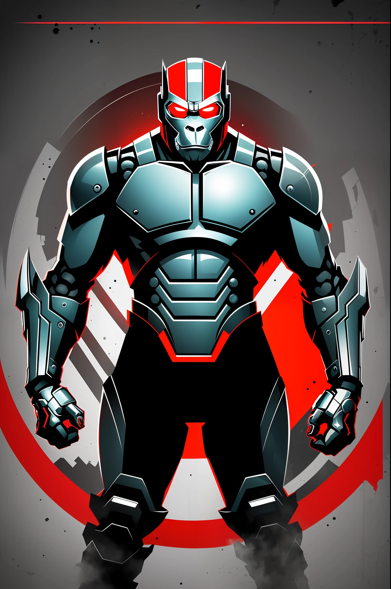 In a dystopian future, where the line between humans and machines has become blurred, an ape-headed man emerges as a symbol of transformation. Dressed in imposing cybernetic armor, he walks through a post-apocalyptic world where technology and savagery mingle. The desolate and reflected landscape reflects the chaotic state of society. The image, in high quality and rich in detail, transports the viewer to a futuristic and intriguing universe. Clear! I can help you create a logo for "Terminator Mutants." Here is a description of a possible logo:
The "Terminator Mutants" logo features a modern and impactful style. The color combination is composed of shades of red, gray and black to convey a sense of power and danger.
The word "Terminator" appears in capital letters, with a stylized, sharp font reminiscent of sharp blades or claws. The color red is used to highlight this word, conveying energy and action.
The word "Mutants" appears in smaller letters and is positioned below "Terminator." The font is simpler, but still retains a modern look. The color gray is used to create contrast with red, while maintaining seriousness and mystery.
In the background of the logo, there is a stylized silhouette of a mutant, with striking and angular lines. This figure has a powerful and menacing appearance, with bright eyes in an intense red hue. The silhouette is black, which contrasts with the background and allows it to stand out.
That's just a conceptual description of the logo. To have a visual version, I recommend consulting a graphic designer, who can create the logo according to your preferences and adapt it to the desired format.