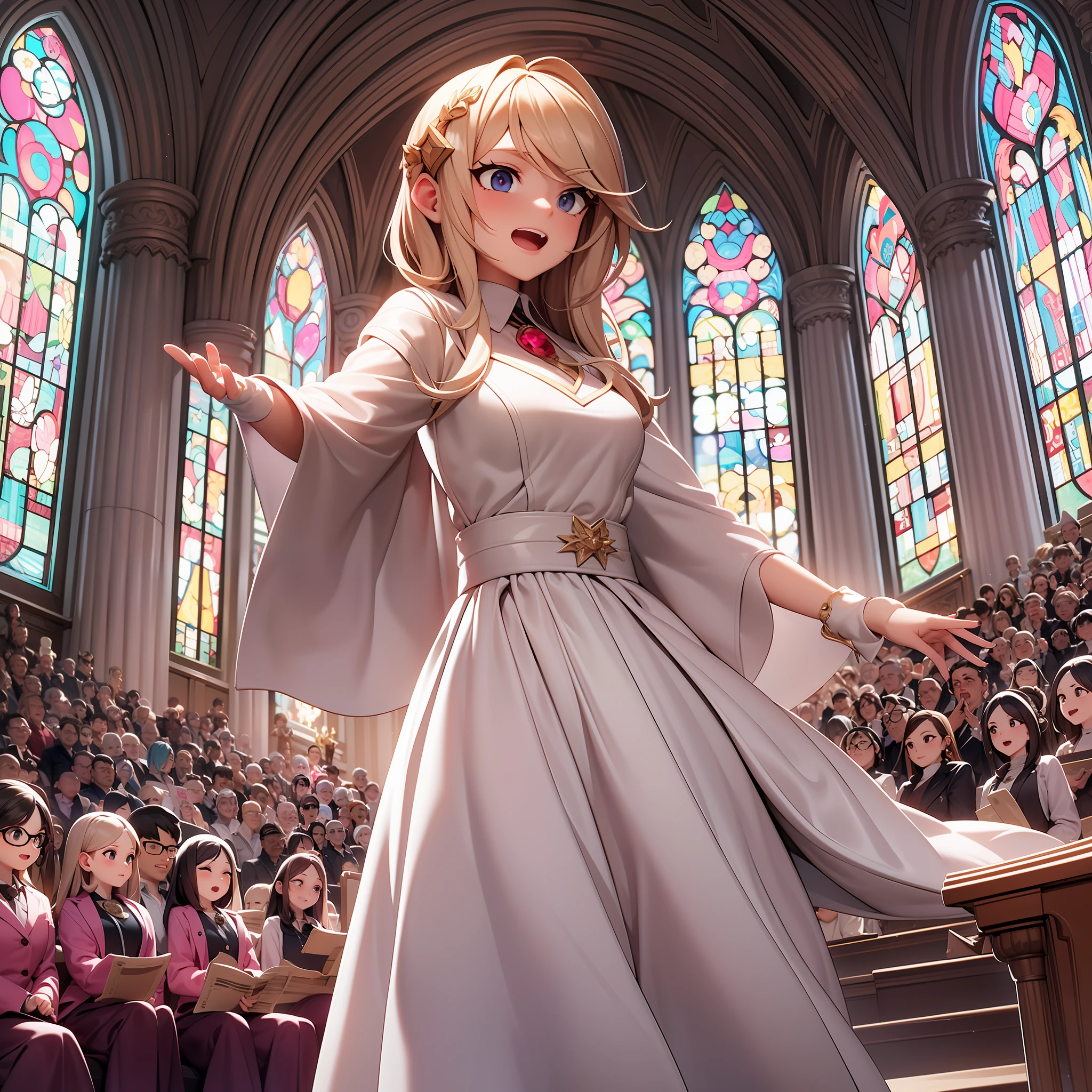 A talented girl is participating in a choir, harmoniously engaging in the music. She is dressed in a costume appropriate for the presentation, such as an elegant dress or a formal coral outfit. The choir is located on a stage, surrounded by a warm atmosphere and illuminated by a soft light. Around you, other voices join yours, creating an exciting harmony. The girl maintains an upright posture and a serene expression, while her hands follow the rhythm of the music. The passion in her voice is evident, conveying emotion and charm to those who listen to her. The setting is filled with musical notes, providing a magical and inspiring atmosphere. The girl in the choir is a true artist, immersing herself in the melody and bringing life to the music.