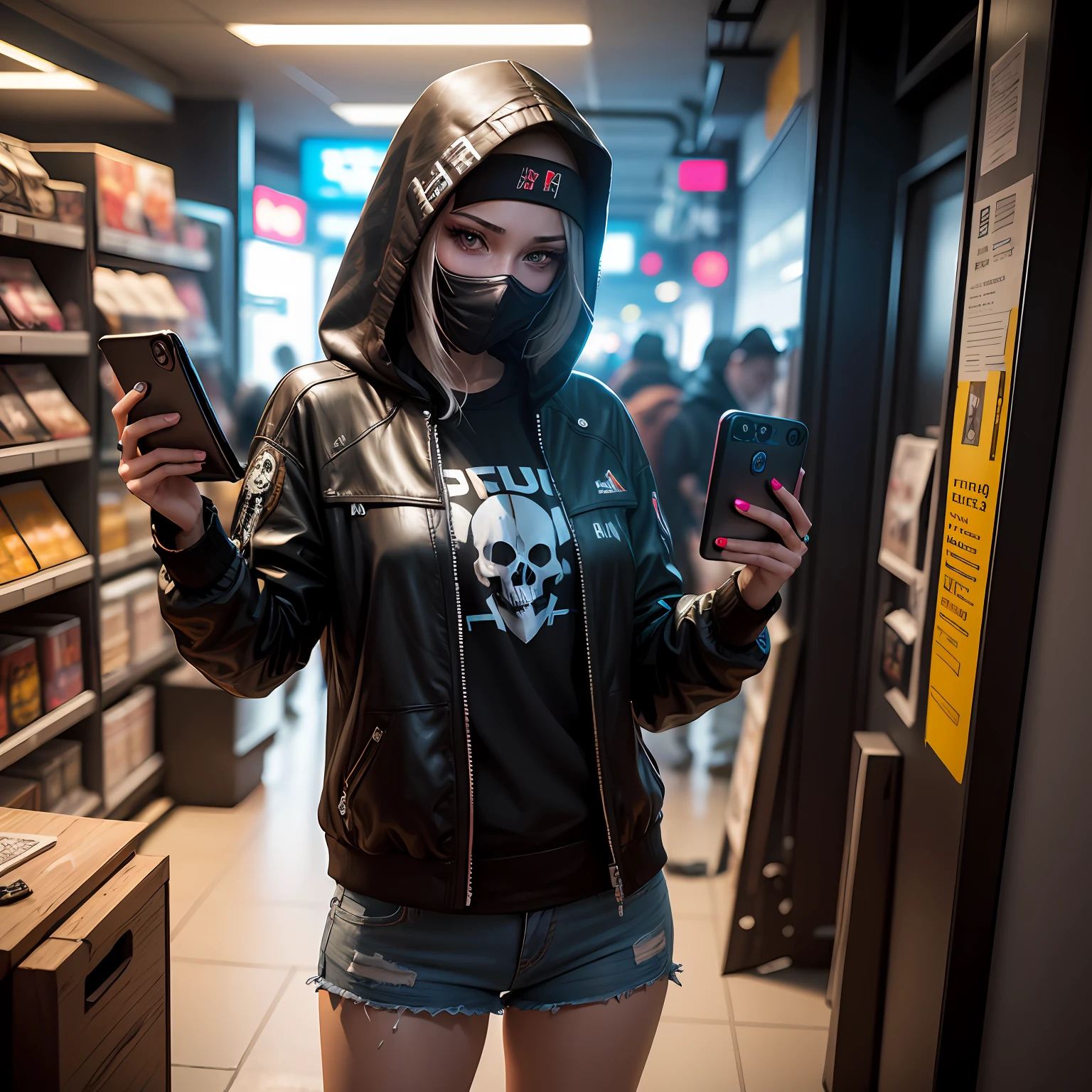 Haker, female, cyberpunk 2023, they use mobile phones tableboards and gadgets cponectatados to clothes, skull mask black hoods --auto