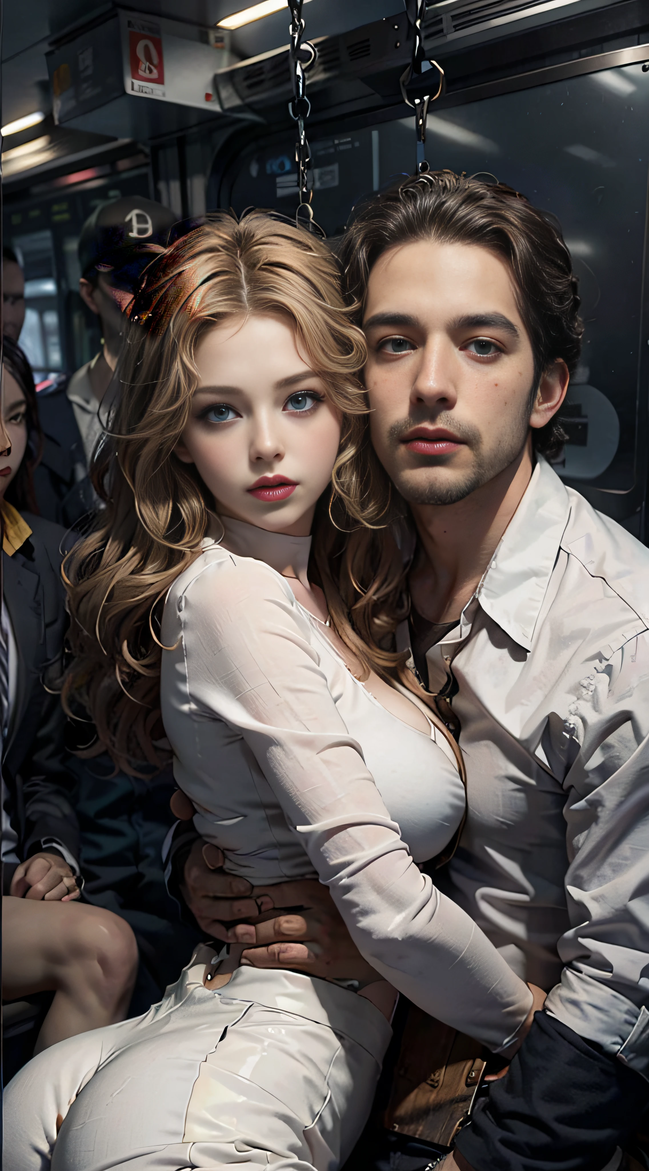 The train was packed with people, men wrapped their arms around her, leaned on her from behind, spoke in her ear, other men held her in their lap, picked her up, mini white skirt posed, 40k, photography, masterpiece, best quality, dark gray background, (1 girl blue eyes and blonde hair curled quickly), big ass full breasts until waiting to be used, (mini sexy swing skirt round: 1.3), (white open shirt: 1.3), old man leaned on her from behind to pick her up, sheer outfit, various poses.