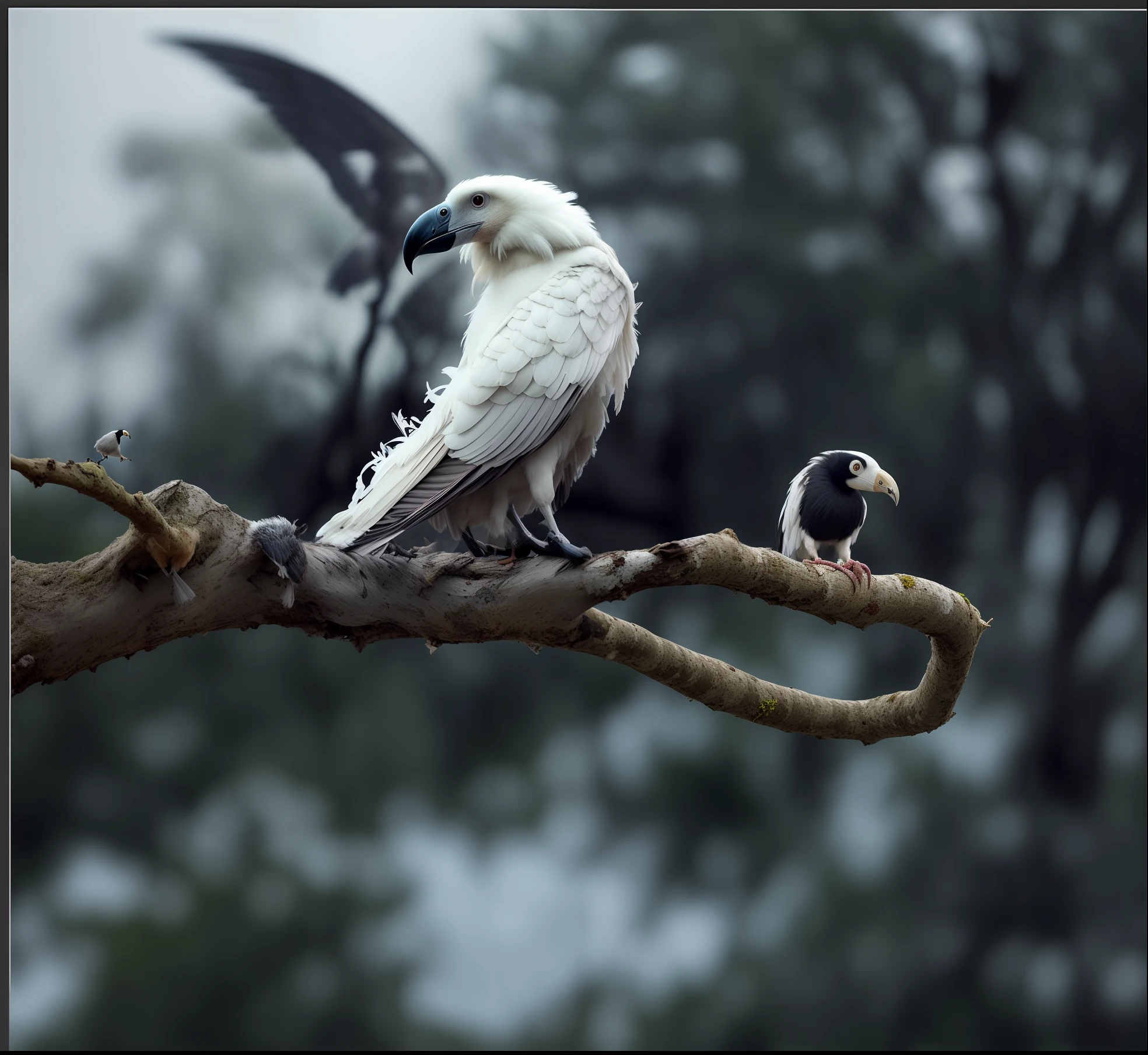 there is a white bird with a black beak sitting on a branch, vulture, full body made of white feathers, white feathers, feathered, harpy, highly realistic photography, a surrealistic bird, albino, mythical creature, portrait of albino mystic, vultures, highly realistic photo, feathered head, morphing wings king vulture head, albino mystic, detailed white