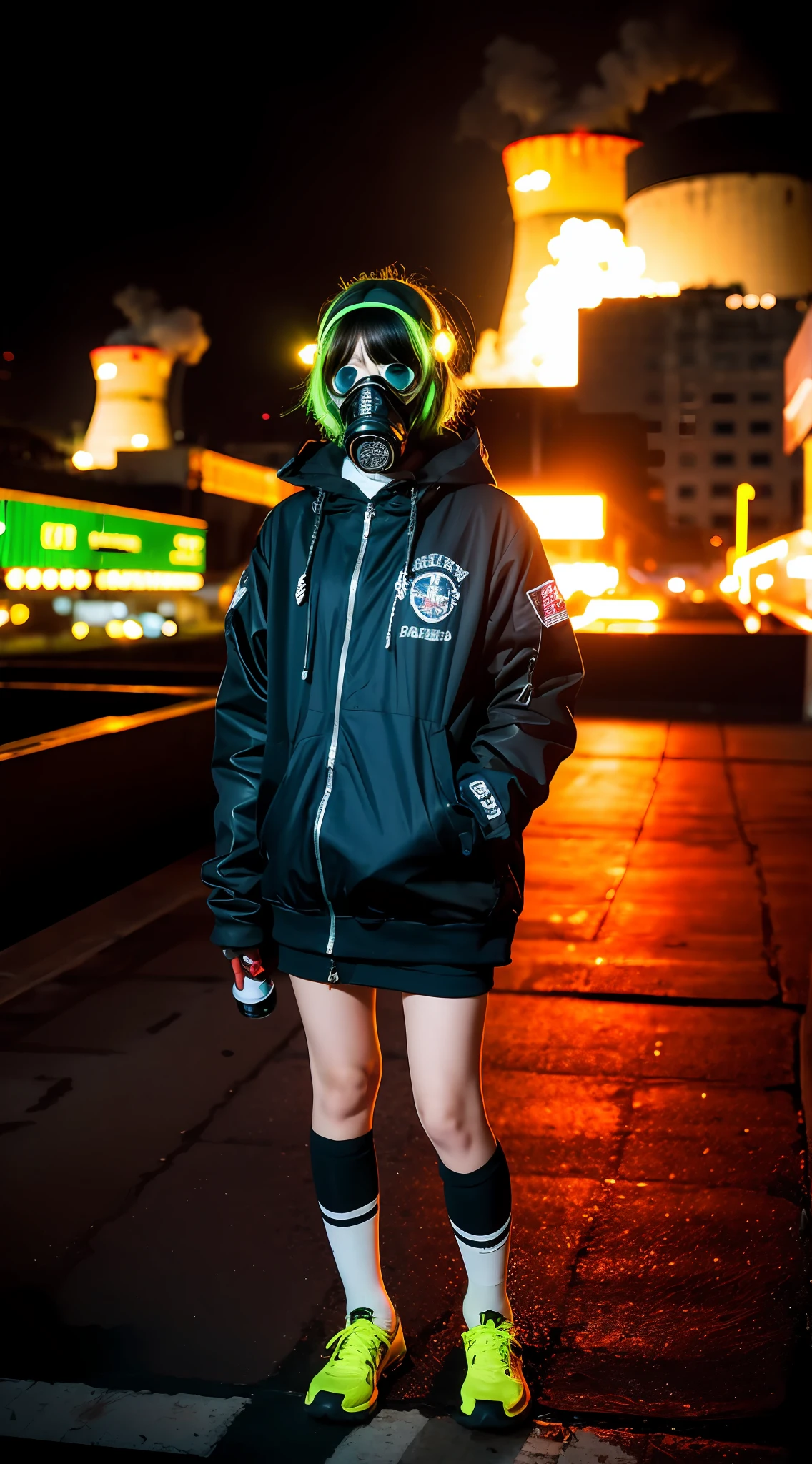 Background of nuclear power plant, terrorist group, fluorescent headgear, short hair, green hair, flamethrower, middle school student, 14 years old, gas mask, high socks, rooftop at night, huge background is neon sign, leather gloves, background city is burning