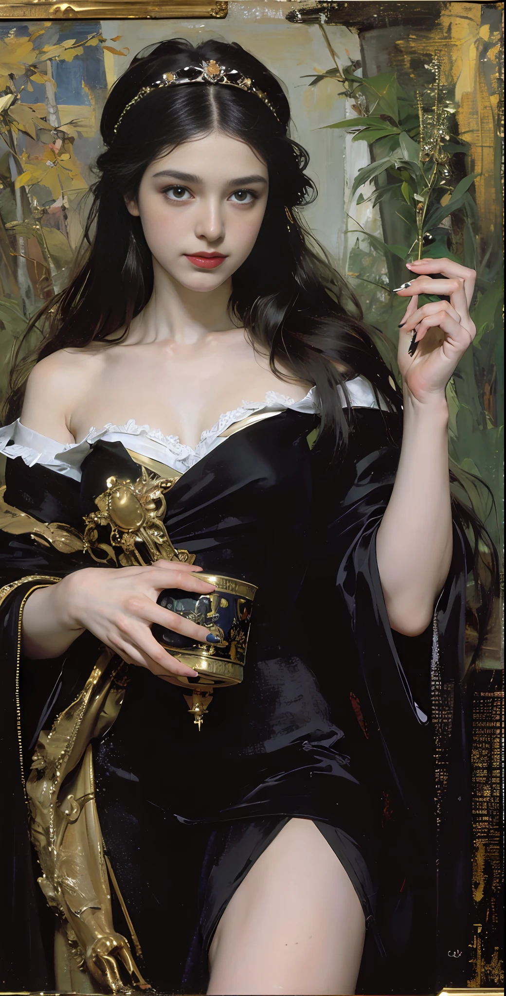Painting of Hecate, the Greek Goddess of witches, a powerful and dark appearance with an imposing and profound presence, a tall 30-year-old woman with a beautiful physique, long black hair, a serious and noble face, her eyes shine with a radiant and magical glow, she wears a long flowing black dress, scene in the forest, painting by Christophe Vacher, realistic oil painting, classical realism