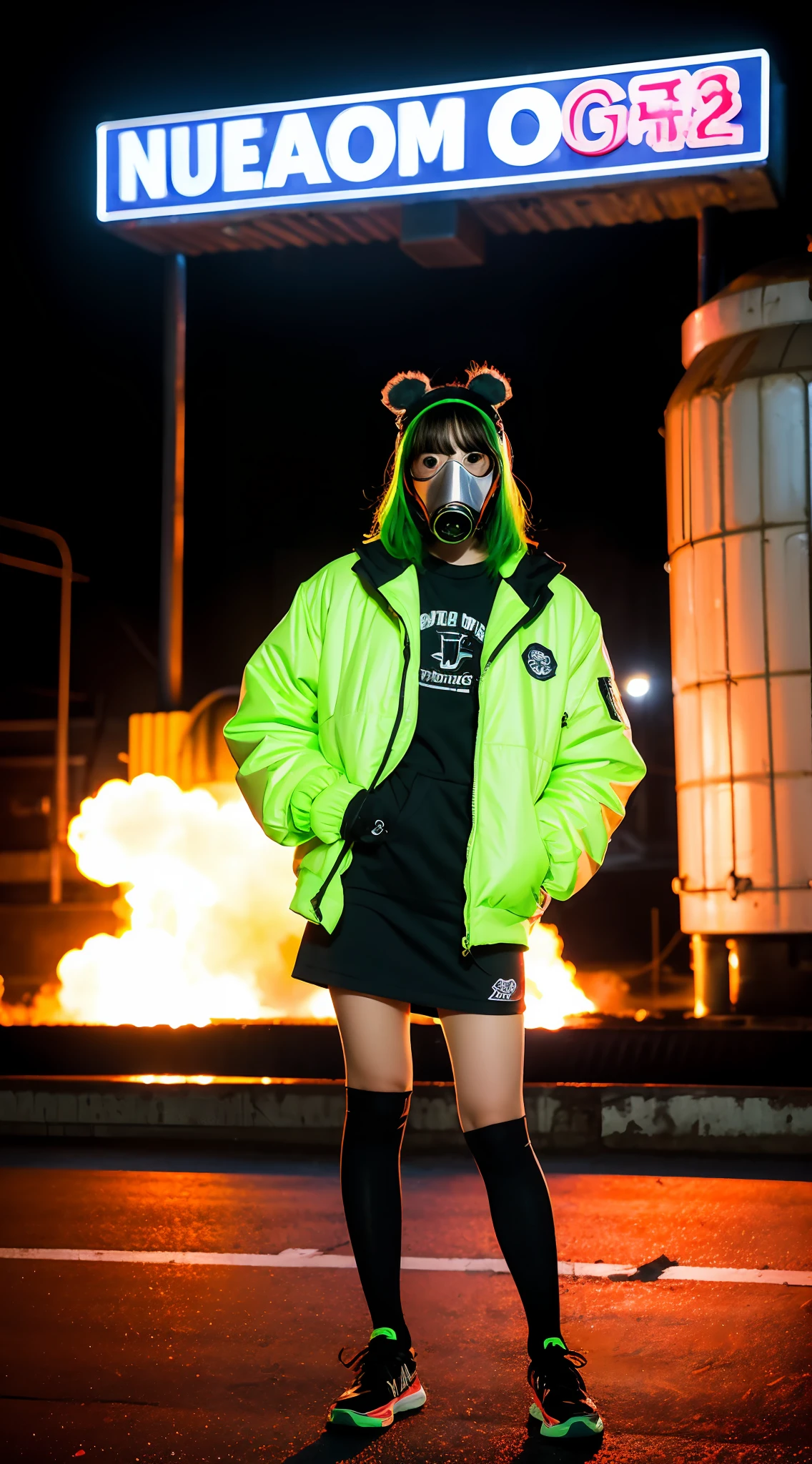 Background of nuclear power plant, terrorist group, fluorescent headgear, short hair, green hair, flamethrower, middle school student, 14 years old, gas mask, high socks, rooftop at night, huge background is neon sign, leather gloves, background city is burning