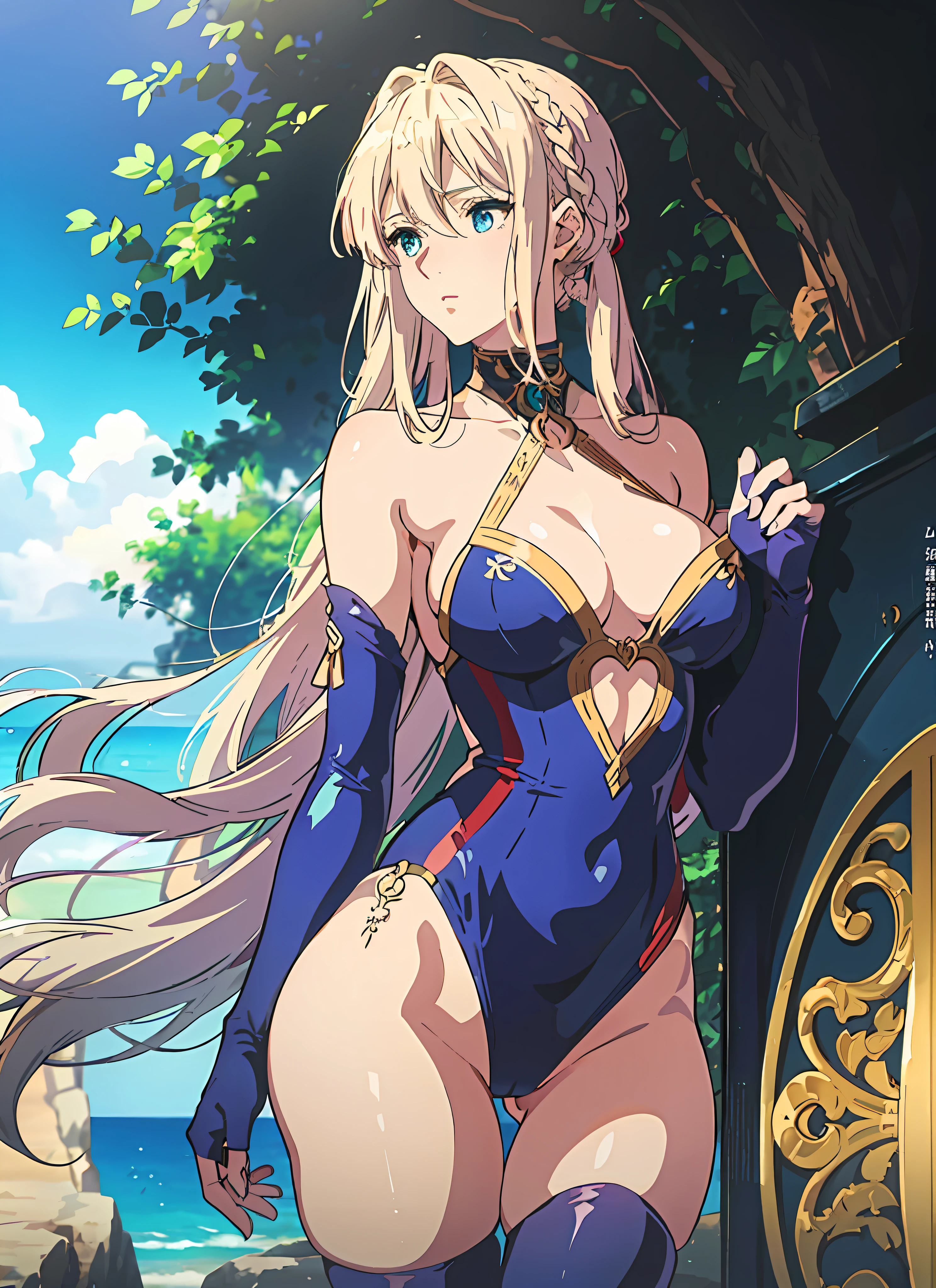 (en) Violet Evergarden in a stunning one-piece swimsuit with a mesmerizing shade of blue in her piercing eyes. Her long blonde hair streams down her back, contrasting with the striking red ribbon tied around her neck. She elegantly dons long gloves as she stands at the beach, leaving a faint cameltoe.