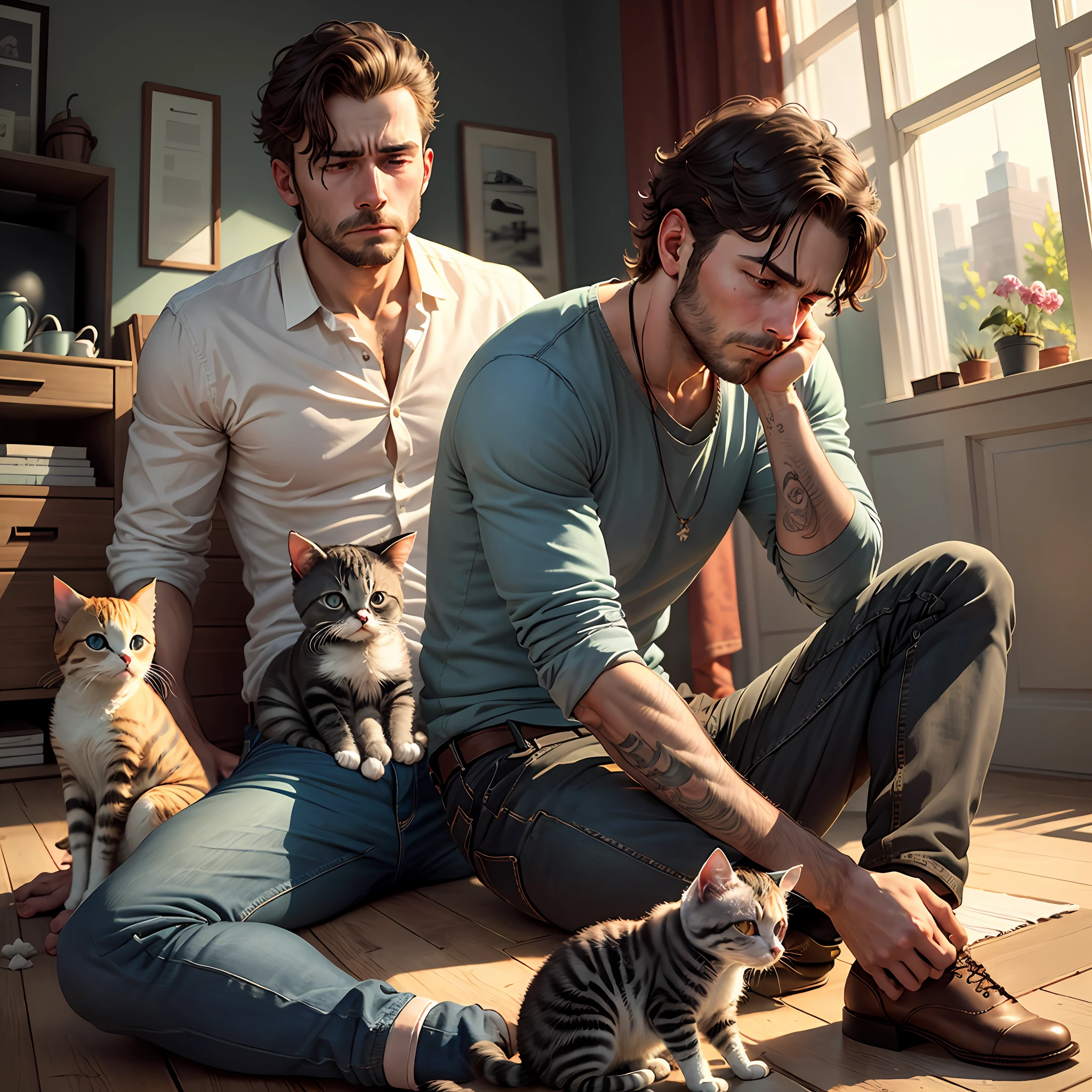 A realistic man sitting alone with a very sad face. On its side there is an open window where there is a pet kitten