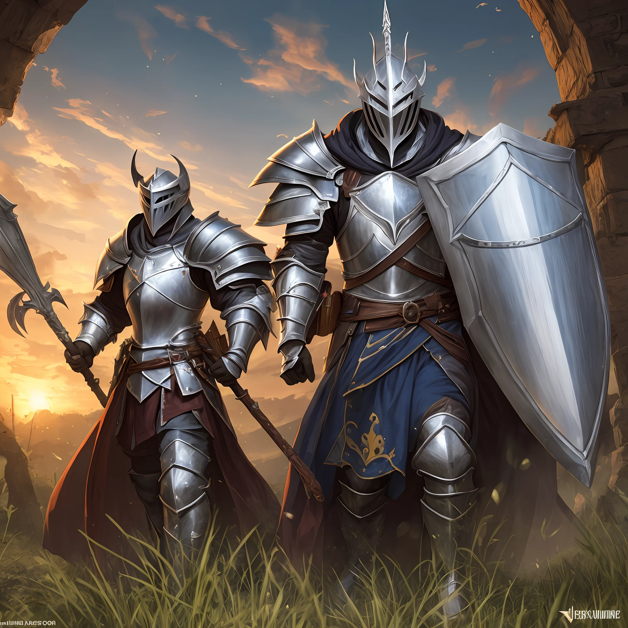Blue draconate, silver knight's armor, shield and pratA club --auto
