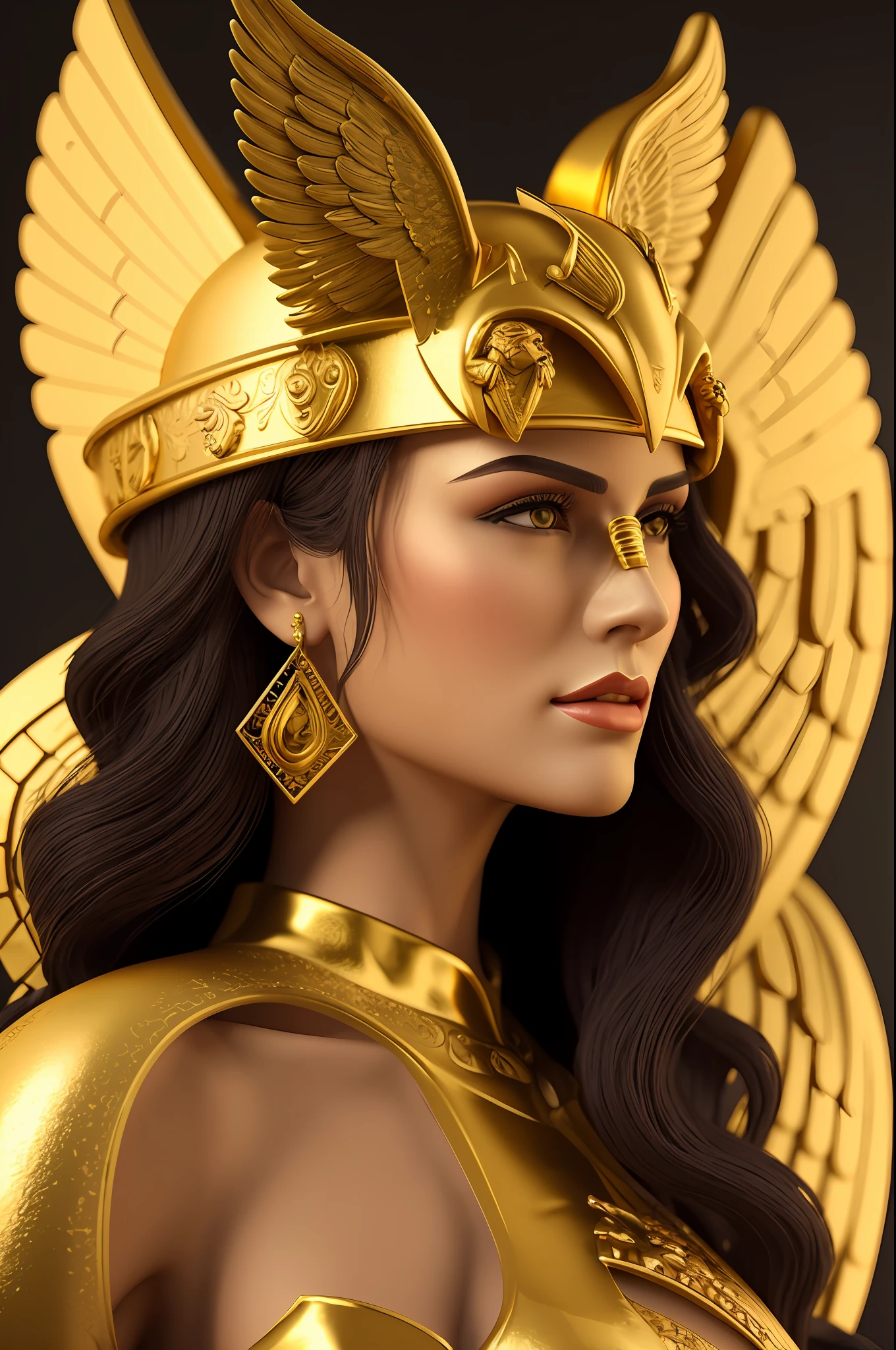 arafed woman with golden wings and a golden mask, golden goddess athena, cleopatra portrait, greek goddess athena, 3 d goddess minerva, portrait of a beautiful goddess, portrait of modern darna, a stunning portrait of a goddess, beautiful cleopatra, goddess close-up portrait, 3 d goddess portrait, portrait of celtic goddess diana