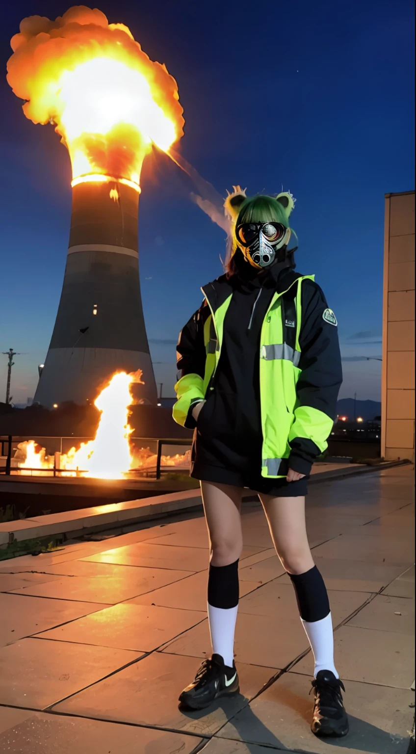 Background of nuclear power plant, terrorist group, fluorescent headgear, short hair, green hair, flamethrower, middle school student, , gas mask, high socks, rooftop at night, background city is burning
