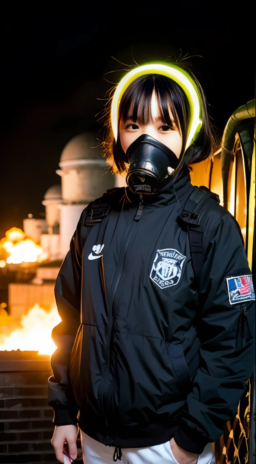 Background of nuclear power plant, terrorist group, fluorescent headgear, short hair, green hair, flamethrower, , 14 years old, gas mass, rooftop at night, background city is burning