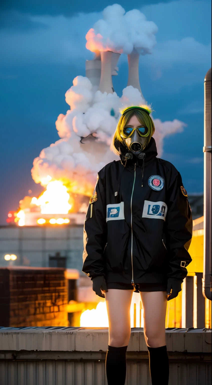 Background of nuclear power plant, terrorist group, fluorescent headgear, short hair, green hair, flamethrower, middle school student, , gas mask, high socks, rooftop at night, huge background is neon sign, leather gloves, background city is burning