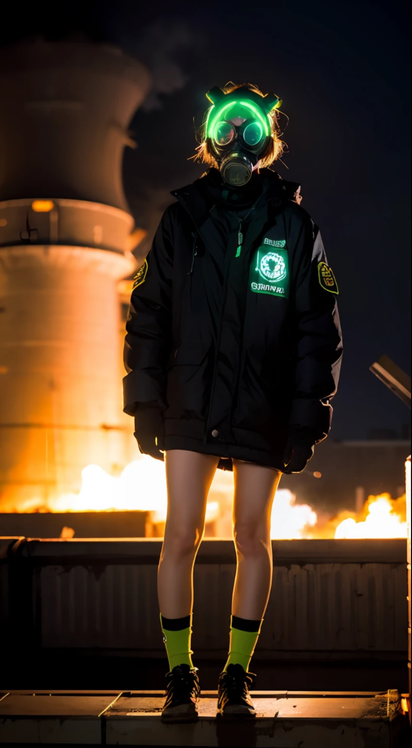 Background of nuclear power plant, terrorist group, fluorescent headgear, short hair, green hair, flamethrower, middle school student, , gas mask, high socks, rooftop at night, huge background is neon sign, leather gloves, background city is burning