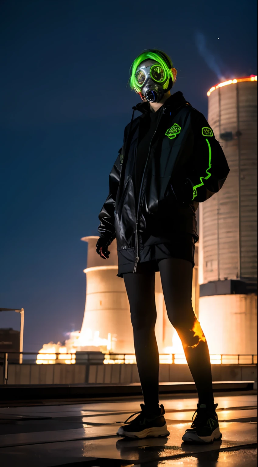 Background of nuclear power plant, terrorist group, fluorescent headgear, short hair, green hair, flamethrower, middle school student, , gas mask, high socks, rooftop at night, huge background is neon sign, leather gloves, background city is burning
