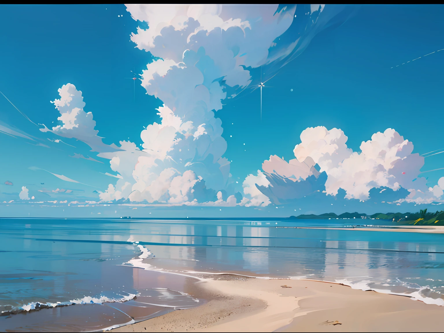 Seaside, Beach, Tropical Plants, Beach with Many People, Paradise, Big Clouds, Blue Sky, Hot Weather, HD Detail, Hyper Detail, Cinematic, Surrealism, Soft Light, Deep Field Focus Bokeh, Ray Tracing, Surrealism. --v6
