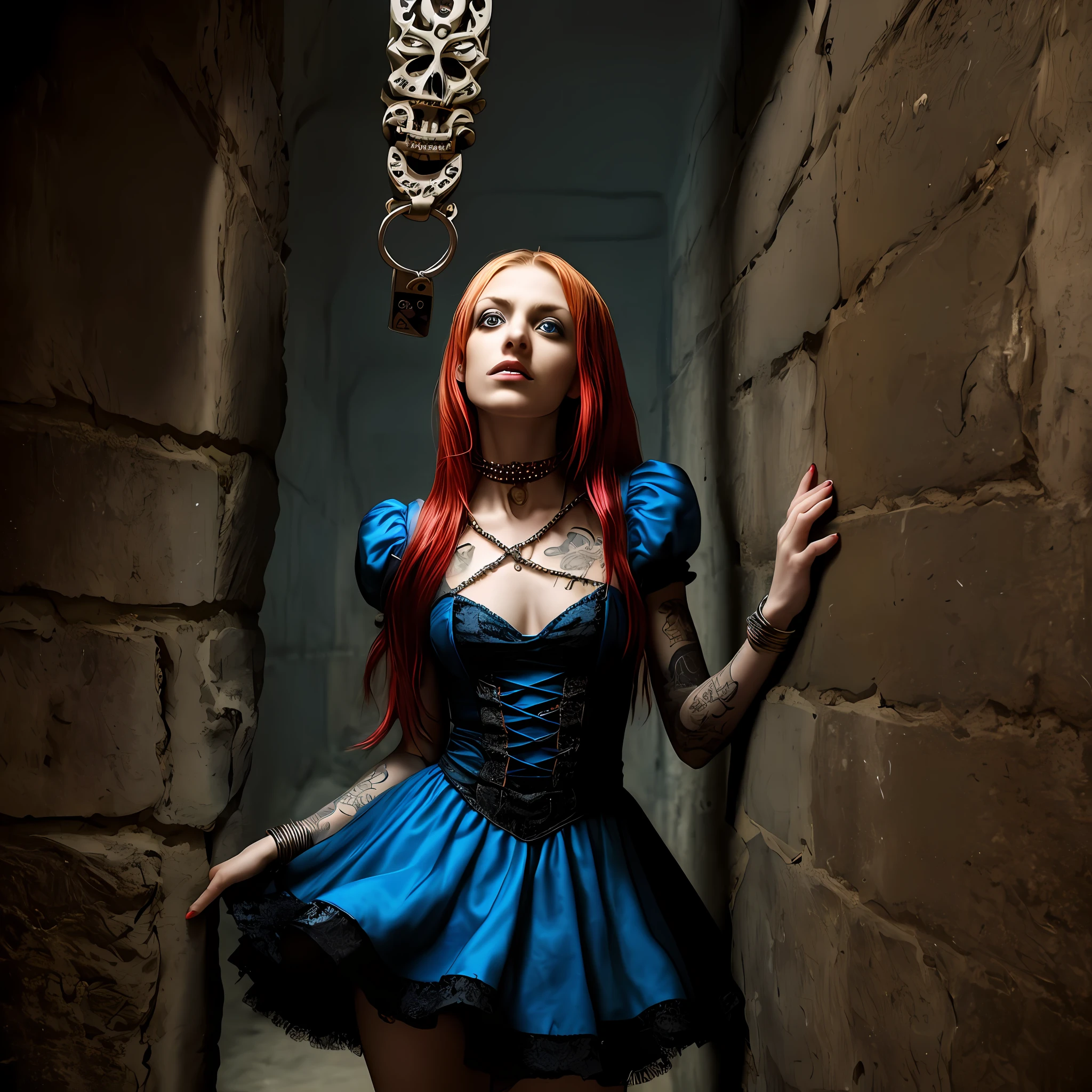 Name: Alice In Chains
Appearance: Alice In Chains is super sexy, with stunning red hair, mesmerizing blue eyes and an average height. She has several tattoos all over her body and her costume consists of a short and bold dress.
Age and personality: Alice In Chains is 18 years old and is a mix between brave and adventurous, like Alice in Wonderland, and has a darker and more melancholic side, inspired by the band Alice in Chains.
Costume Design: Her costume is a mix between the colorful and eccentric style of Alice in Wonderland and the gothic and grunge look of the band Alice in Chains.
World or setting: Alice In Chains would explore a dark and disturbing environment, with references to the music of the band Alice in Chains. A place full of challenges and mysteries.
Special Ability: Your special ability is the ability to hypnotize with your voice, engaging people in your hypnotic and dark melodies.
Goal or mission: Alice In Chains' mission is to embark on a personal journey of self-knowledge, overcoming inner challenges and finding your own identity amidst the strange world you're in. Putting her chained in a dungeon