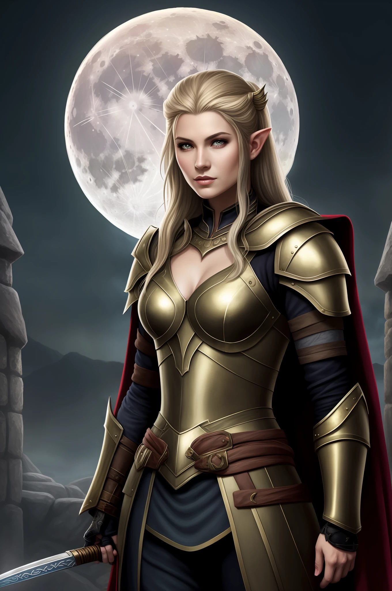 arafed woman in armor with a full moon in the background, portrait of a norse moon goddess, portrait of an elven warrior, detailed matte fantasy portrait, fantasy paladin woman, epic fantasy art portrait, beautiful female warrior, a beautiful woman warrior, portrait of female paladin, fantasy character portrait, fantasy art portrait, norse goddess