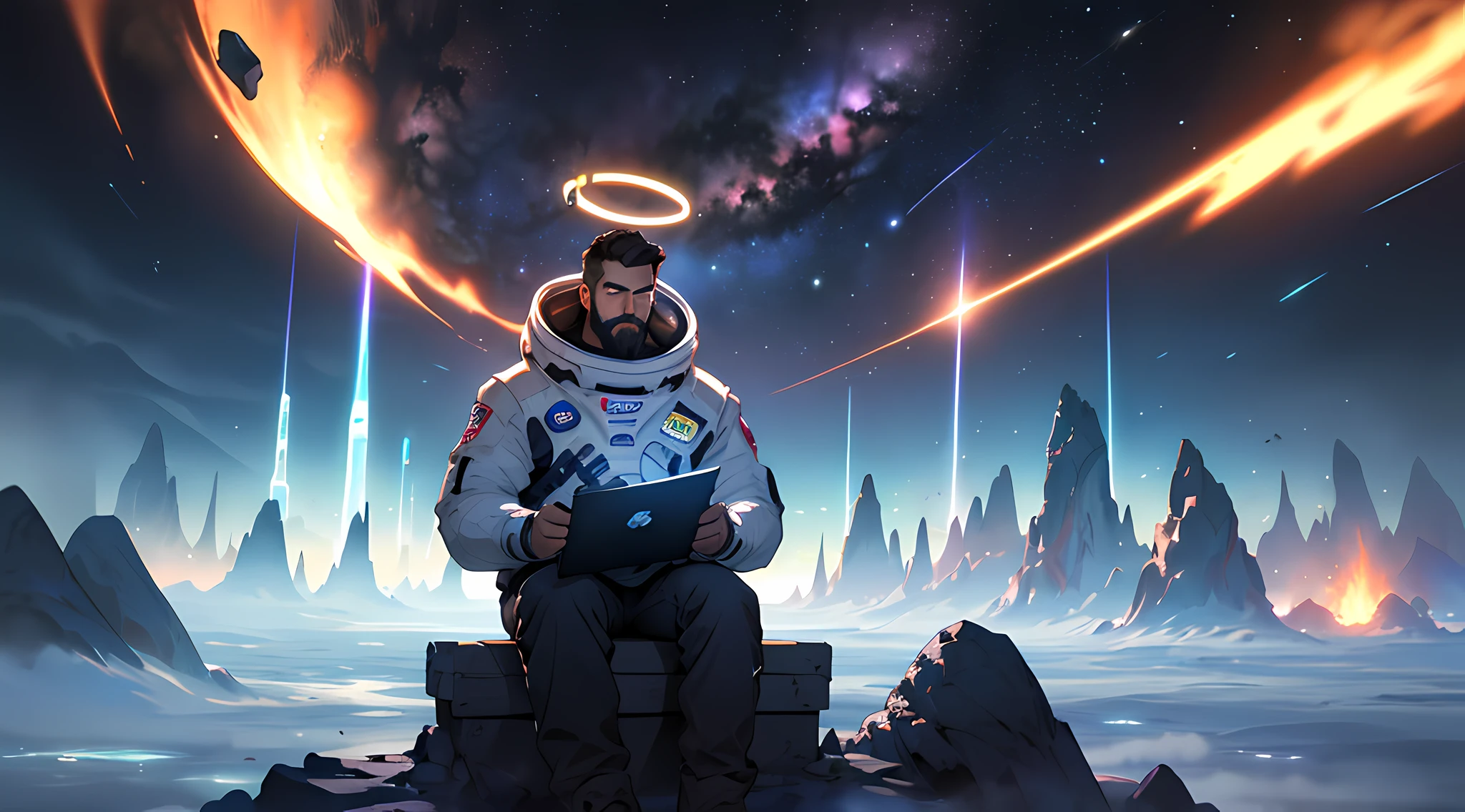 "On the floating asteroid belt, a young programmer sits on a research platform, focused on learning. Surrounded by asteroids emitting fiery halos, dramatic lights on spacesuits cast deep shadows. Young man confident and determined, bearded, cowboy shot, gazing at the mysterious universe with amazement and respect. "