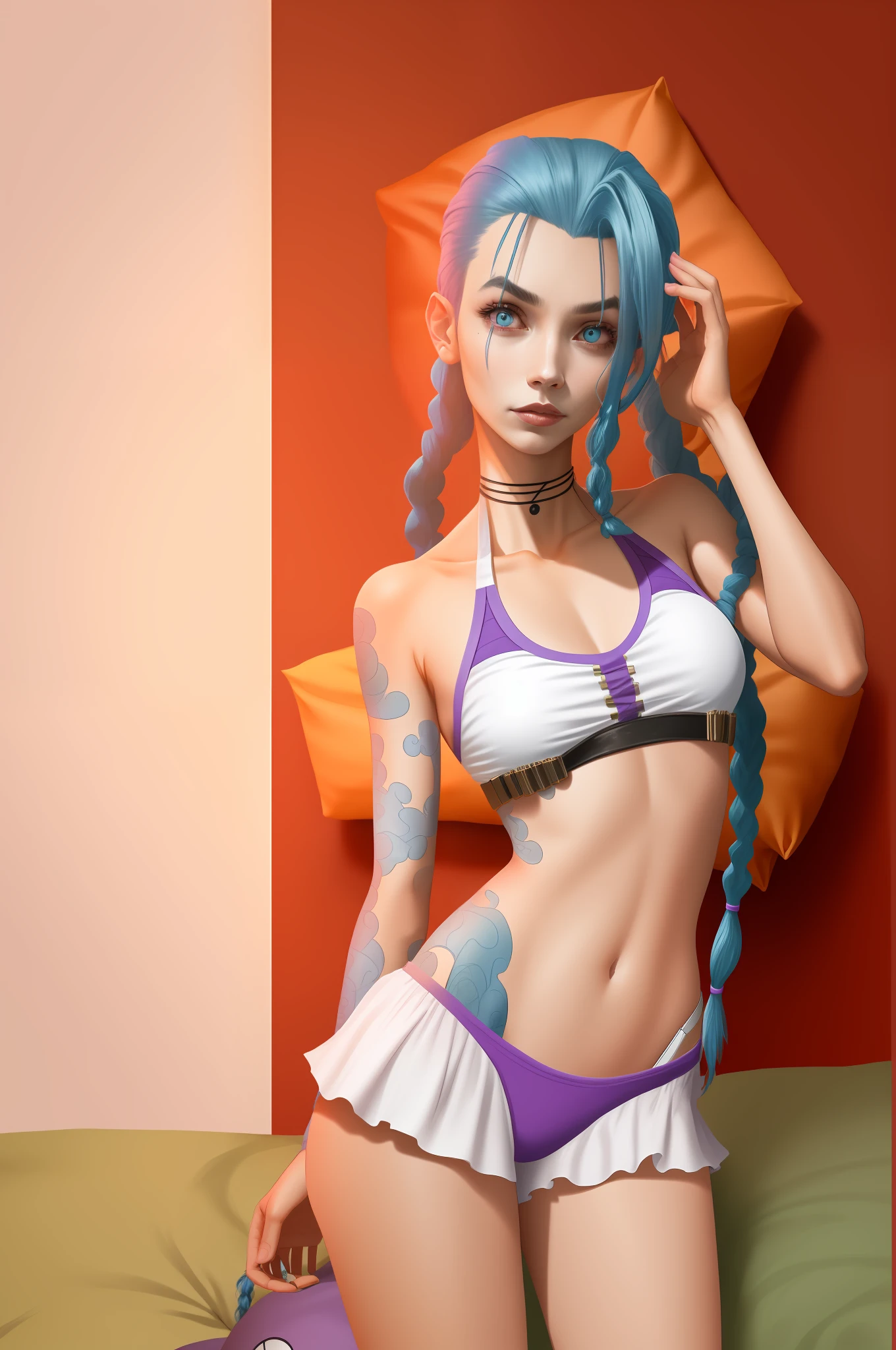 Jinx lol, jinx would be, blue hair with 2 braids thrown back, white bikini with pink, purple iris, delicate, cushion and mattress in the background
