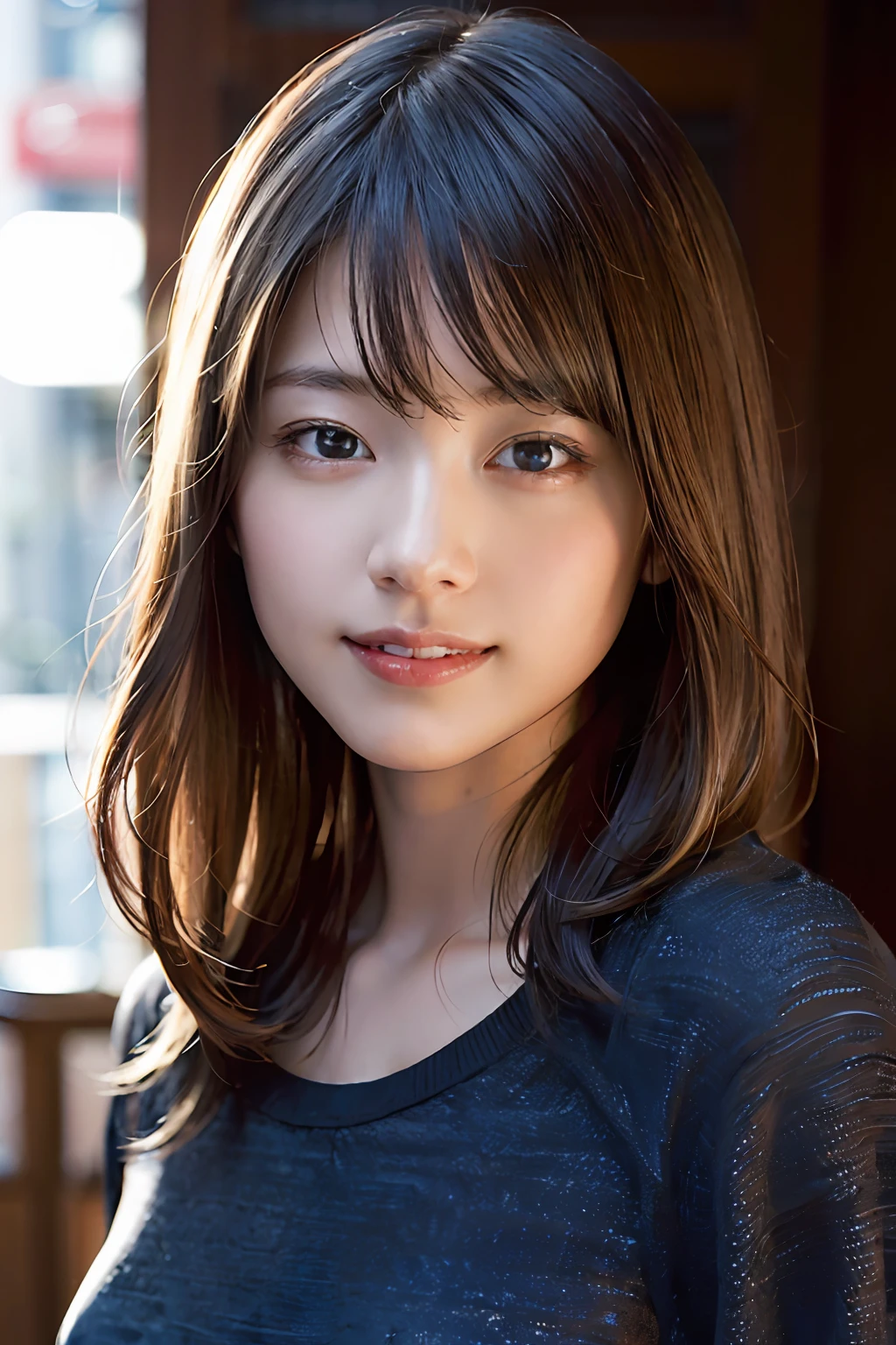 (8k, RAW photo, best quality, masterpiece:1.2), (realistic, photo-realistic:1.37), ultra-detailed, ultra high res,1 girl,looking at viewer,beautiful detailed face,smile,narrow,(slim waist:1.3),shirt, beautiful detailed skin, skin texture, floating hair,professional lighting,