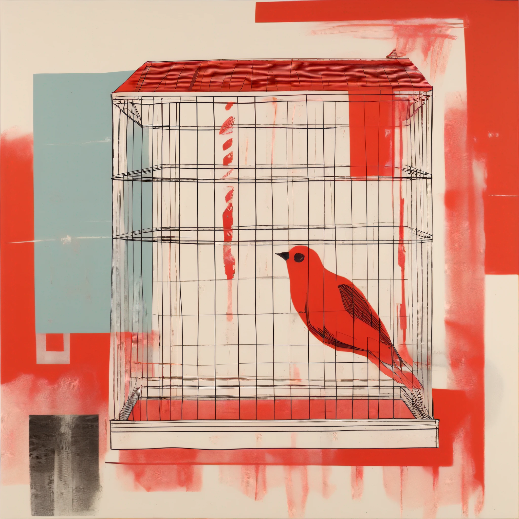 a painting of a bird cage with Tampons on it, a screenprint by Sándor Bihari, tumblr, mingei, (by tom purvis), red grid, by tom purvis, in style of niko pirosmani, 'untitled 9 ', nika maisuradze, in style of stanley donwood, max prentis