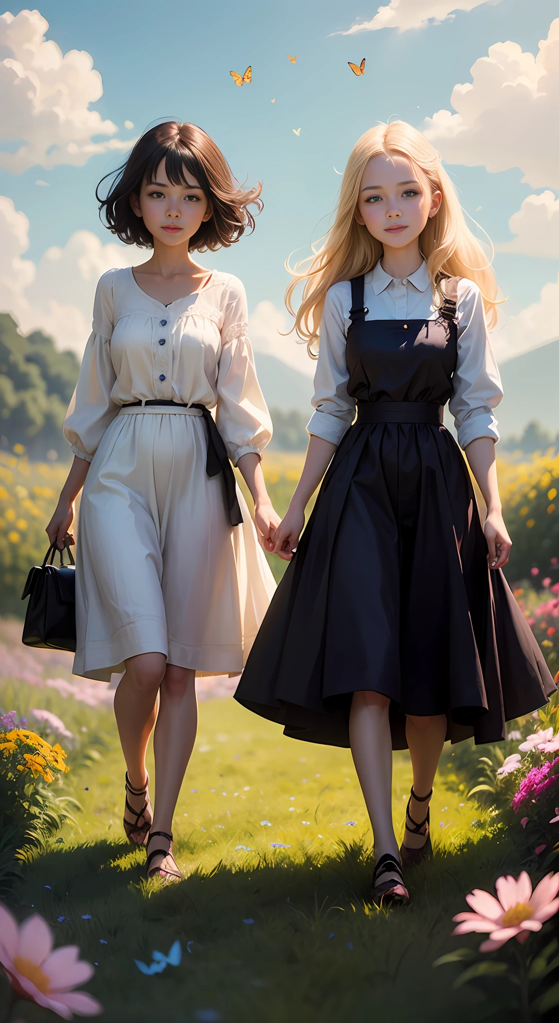 Illustration, two girls , 1 blonde. 1 brunette "happy" in a field of flowers, her sister, blue sky of clouds, playing with butterflies, beautiful illustration, beautiful painting, beautiful UHD 4k art, beautiful art, a beautiful art illustration, art in the style of guweiz, beautiful painting, atey ghailan 8k, artgerm and atey ghailan, two girls 10 years, 1 , 1 happy blonde in a field of flowers, playing with his sister, butterflies, (butterflies). (best quality, masterpiece), 1girl, pose, particle, wind, flower, full body, garden background, looking at butterflies. --auto