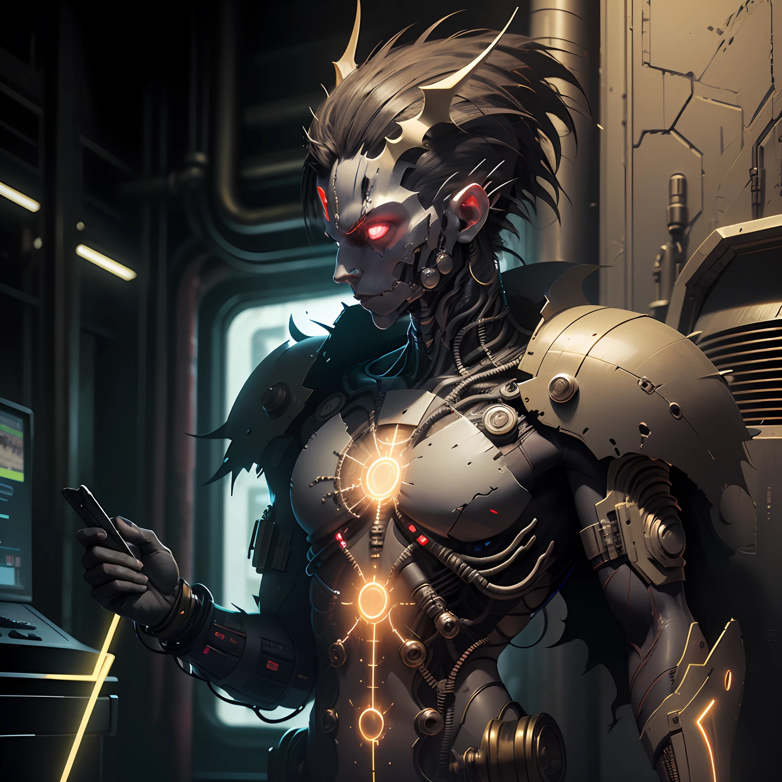 Demon made with electricity and internet data, with electronic computer parts and a cyberpunk horror anime look --auto