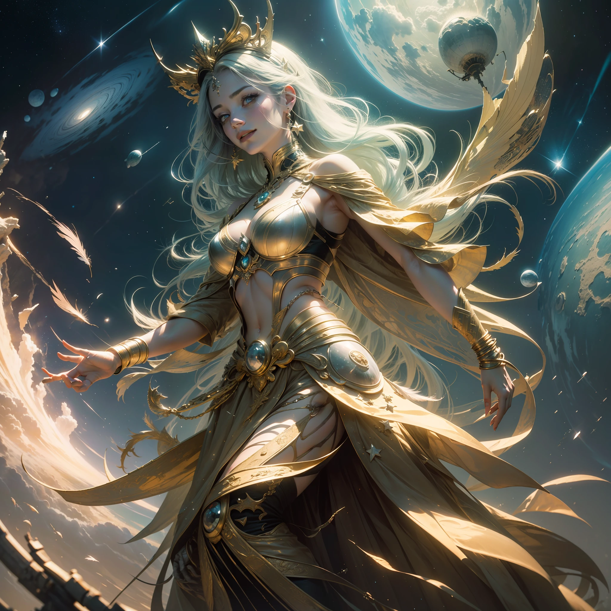 (((hyper detail))),(extreme detail CG Unity 8K wallpaper, masterpiece, highest quality), (exquisite lighting and shadows, very dramatic picture, beautiful girl), (cinematic lens effect), concept art, starry sky, haze, star, star, magic world, magic country looking far away, profile, Alphonse Mucha, decadence, ruin, space, full body, feathers, royal costume, charming smile, ( Dynamic Pose), the background is space (good detail, good lighting, wide angle), good rendering, decadent, grain film, detailed gradient