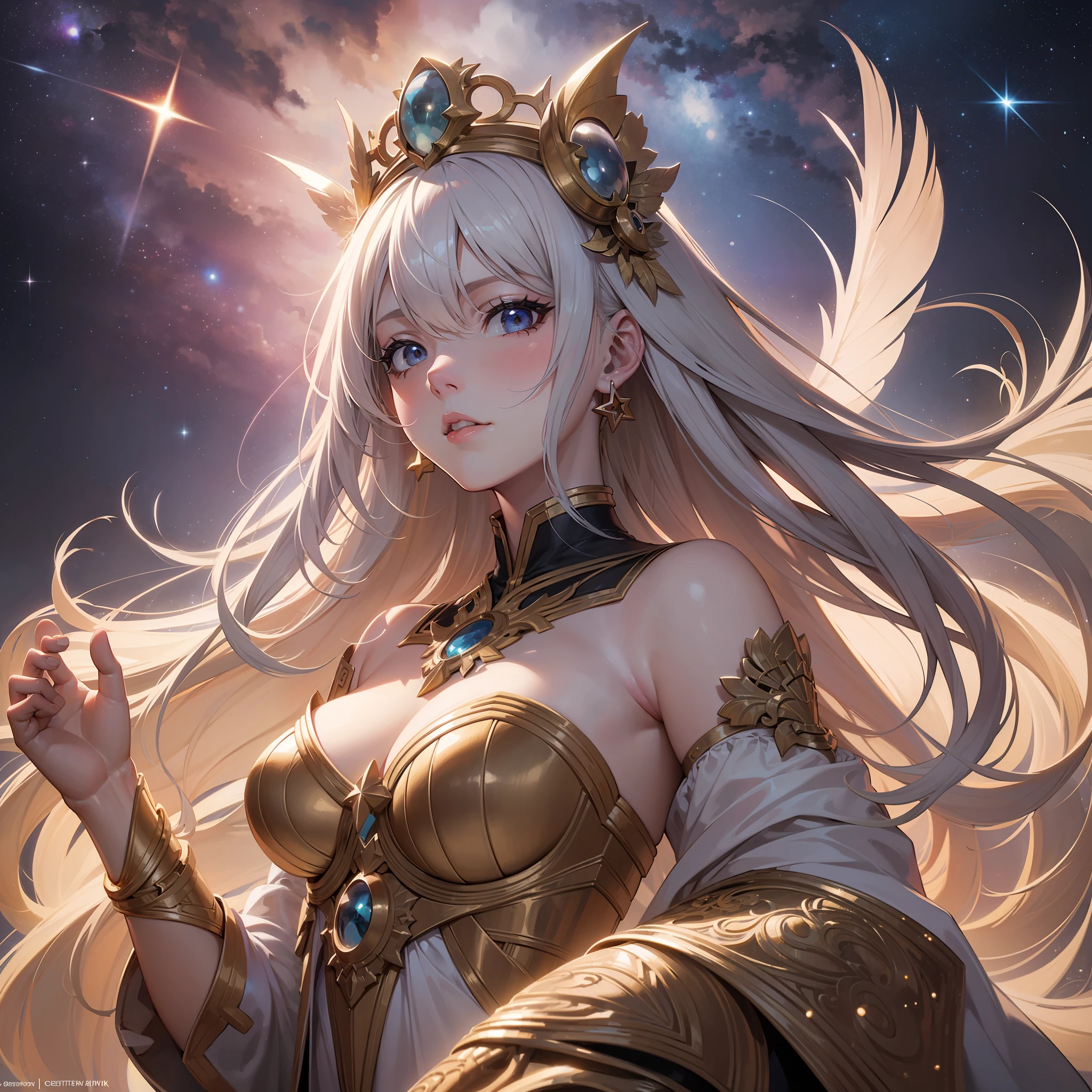 (((hyper detail))),(Extreme detail CG Unity 8K wallpaper, masterpiece, highest quality), (exquisite lighting and shadows, very dramatic images, beautiful girl), (cinematic lens effects), concept art, starry sky, ruin, sandstorm, haze, stars, magic world, magical country looking far away, Alphonse Mucha, decadence, ruin, space, full body, feathers, royal costume, ( Dynamic Pose), the background is space (good detail, good lighting, wide angle), good rendering, decadent, grain film, detailed gradient