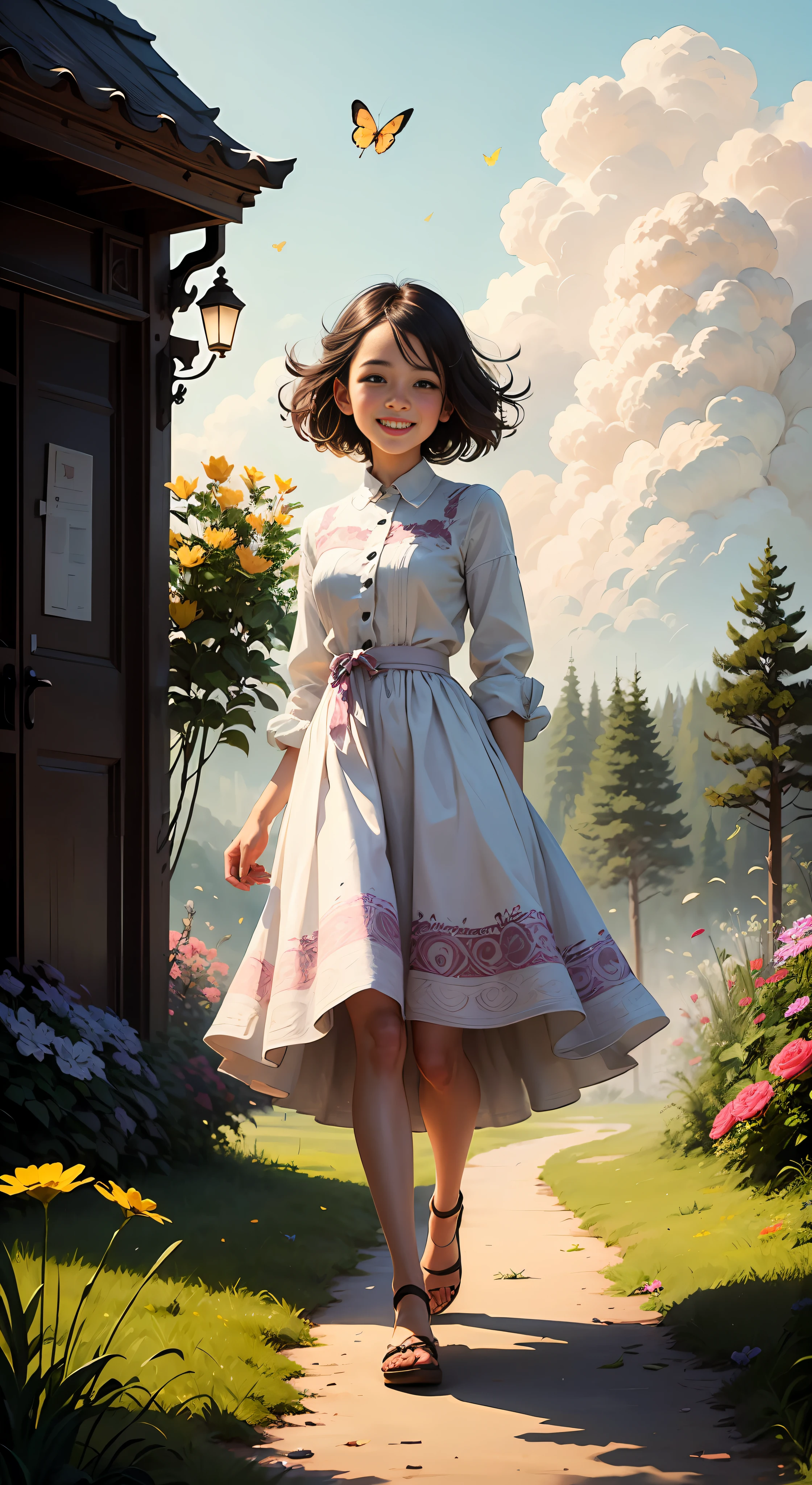 Illustration of a 10 year old girl, "happy" in a field of flowers, blue sky of clouds, playing with butterflies, beautiful illustration, beautiful painting, beautiful UHD 4k art, beautiful art, a beautiful art illustration, art in the style of guweiz, beautiful painting, atey ghailan 8k, artgerm and atey ghailan, 10 year old girl, happy in a field of flowers,  playing with butterflies, (butterflies). (best quality, masterpiece), 1girl, pose, particle, wind, flower, full body, garden background, looking at butterflies. --auto