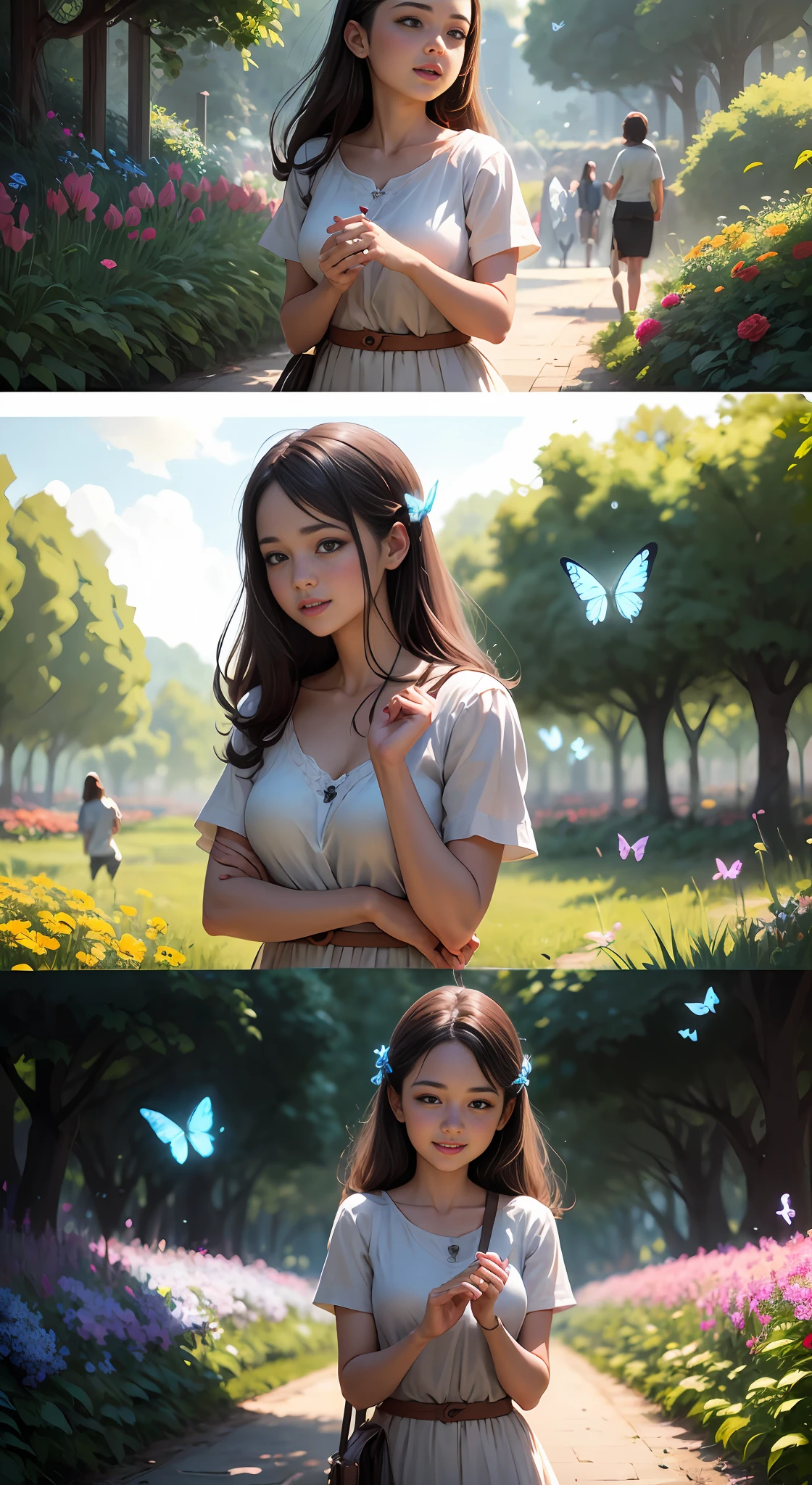 Illustration of them then "happy" in a flower garden with their sister. Blue sky of clouds playing with butterflies. Beautiful illustration, beautiful painting, beautiful UHD 4k art, beautiful art, a beautiful art illustration, guweiz style art, beautiful painting, atey ghailan 8k, artgerm and atey ghailan, and her 15-year-old brunette sister, happyrs in a flower garden, playing with her sister, butterflies, (butterflies). (best quality, masterpiece), 1girl, pose, particle, wind, flower, full body, garden background, looking at butterflies. --auto