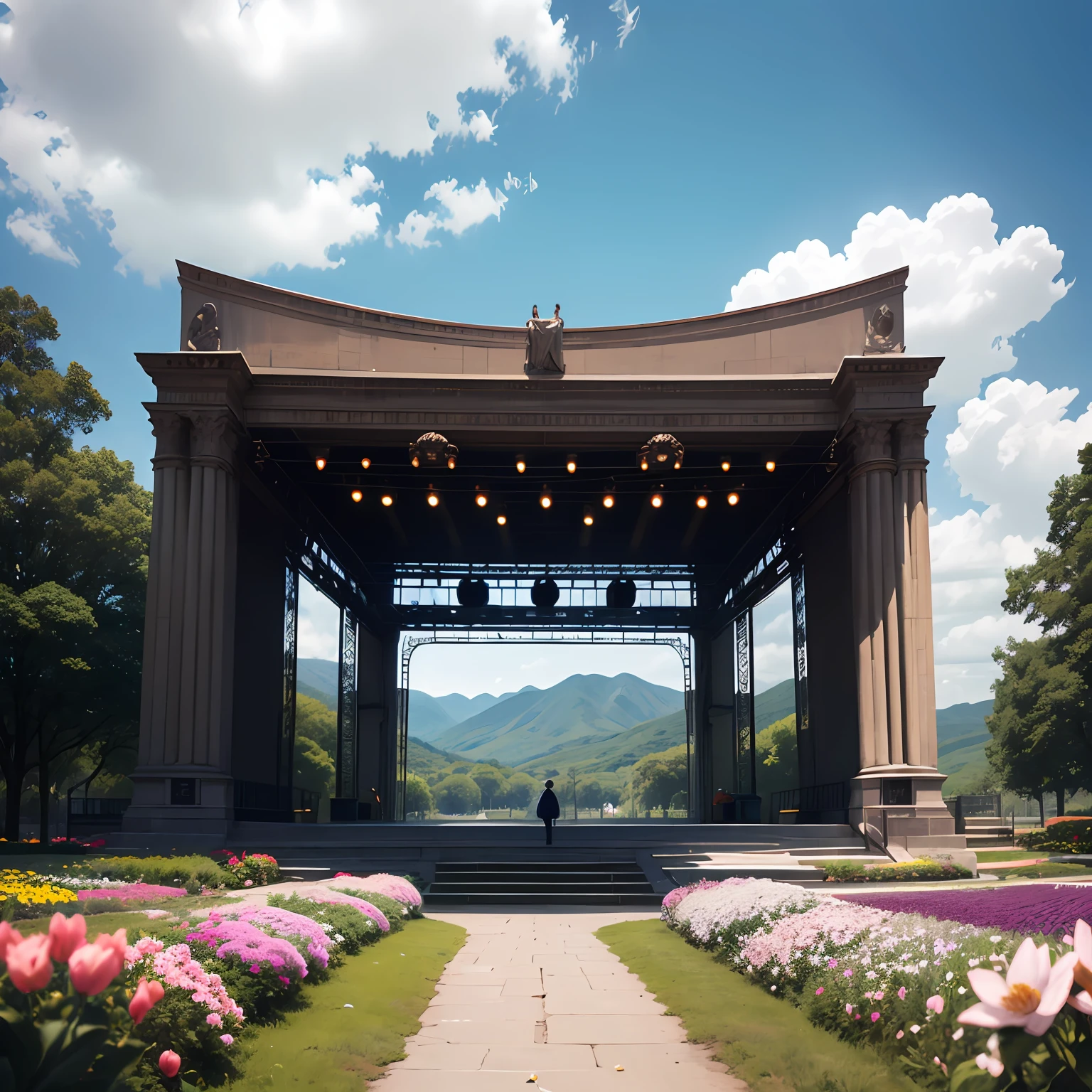"The view ends with a performance stage in the distance, preceded by a road lined with blooming flowers."