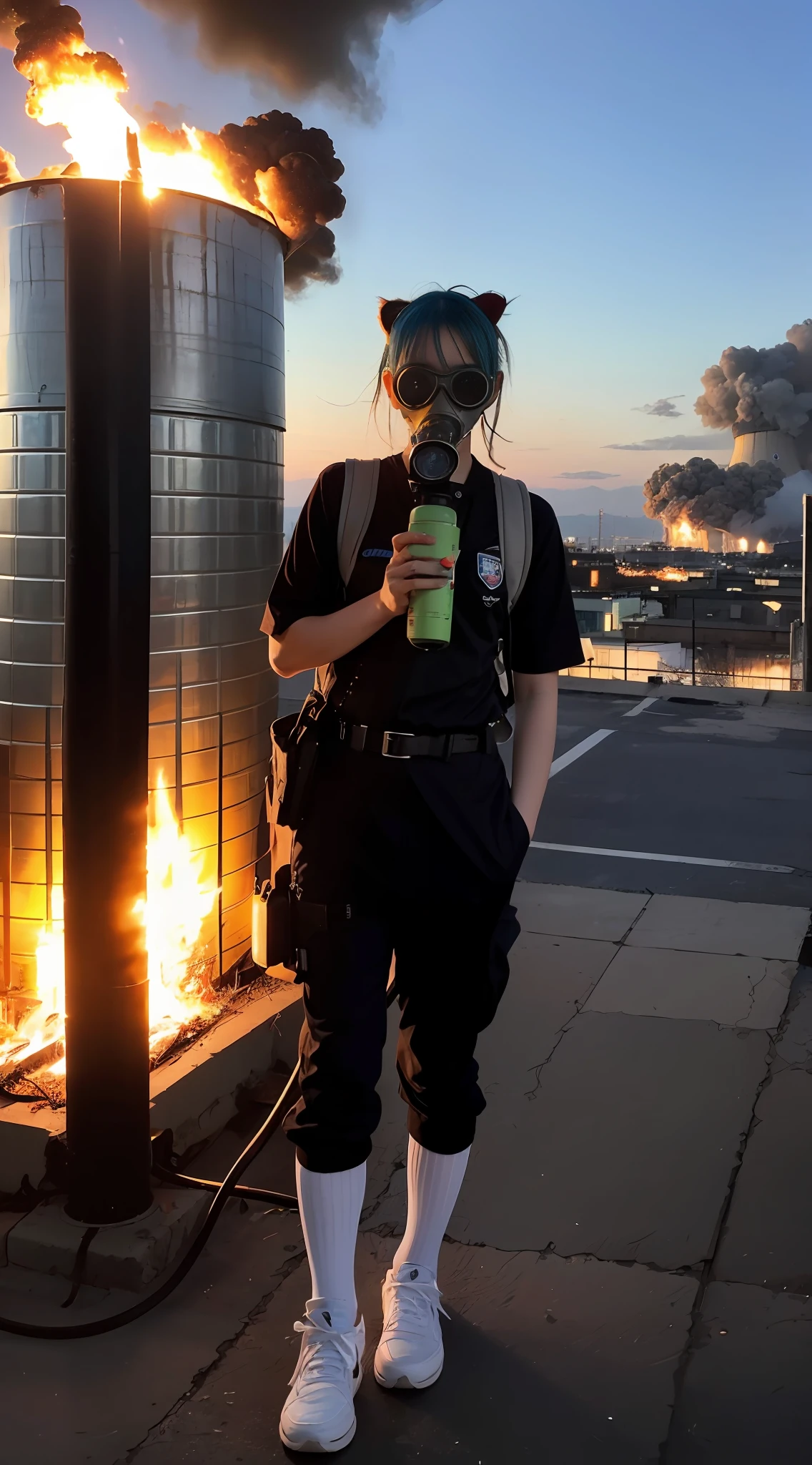 Riot, nuclear power plant on background, terrorist group, fluorescent headgear, short hair, blue hair, setting fire from flamethrower, middle school student, 14 years old, gas mask, high socks, rooftop at night, city on the background is burning