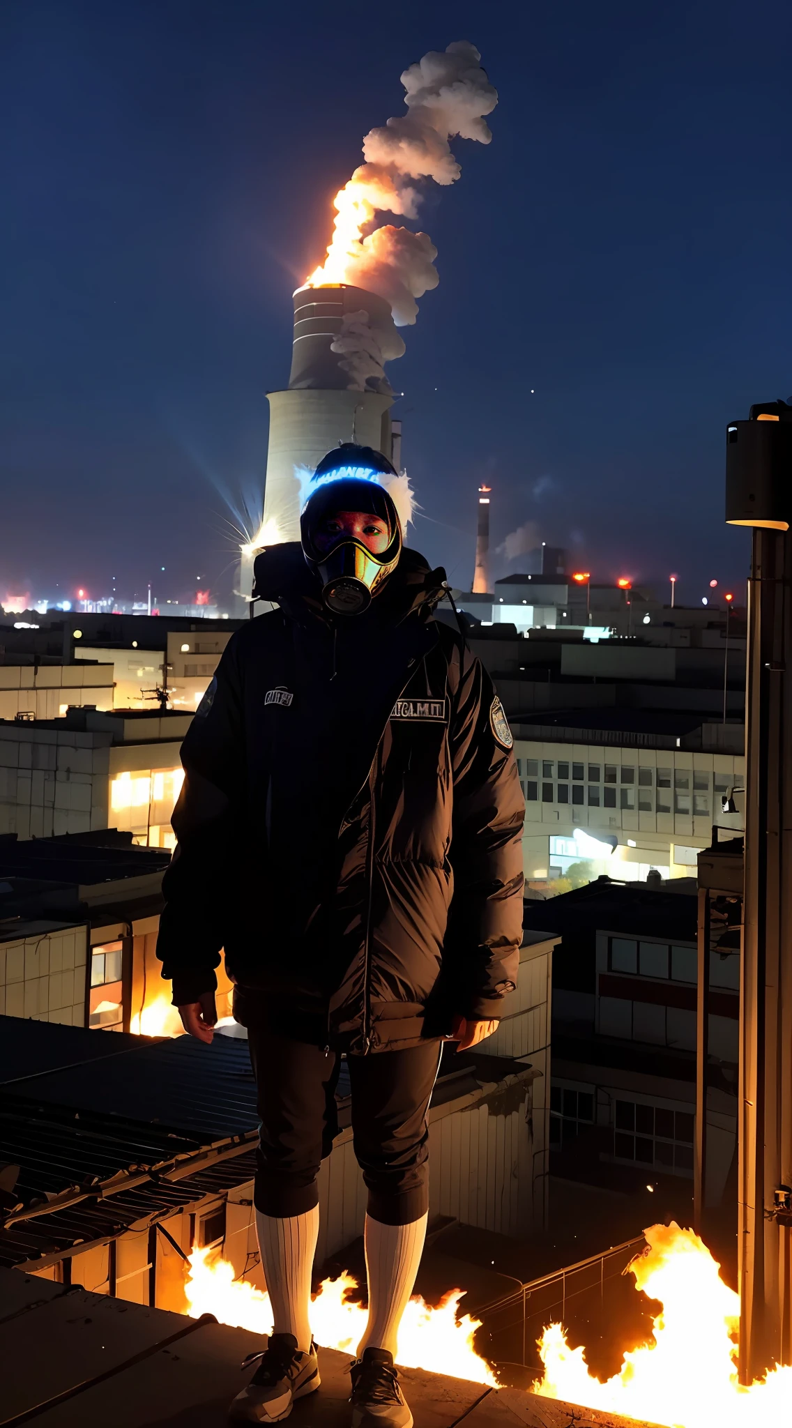 Riot, nuclear power plant on background, terrorist group, fluorescent headgear, short hair, blue hair, setting fire from flamethrower, middle school student, 14 years old, gas mask, high socks, rooftop at night, city on the background is burning