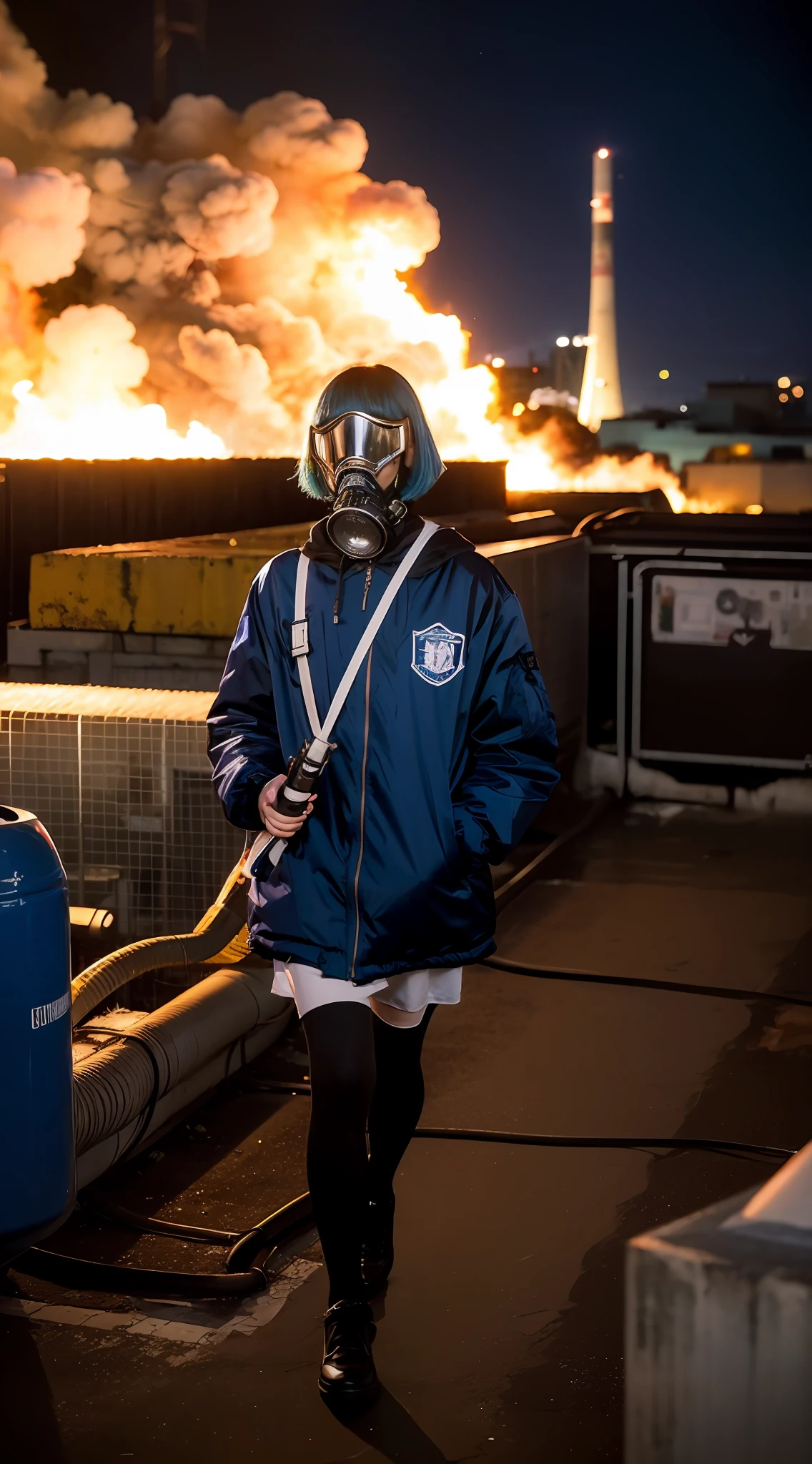 Riot, nuclear power plant on background, terrorist group, fluorescent headgear, short hair, blue hair, firing from flamethrower, middle school girl, 14 years old, gas mask, high socks, rooftop at night, city on the background is burning
